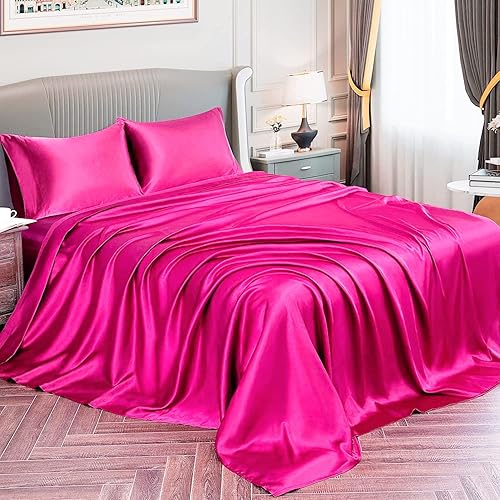 Juego de sábanas de satén de 4 piezas, tamaño individual XL, color rosa intenso, duradero y suave (sábana encimera + sábana bajera de 12 pulgadas +