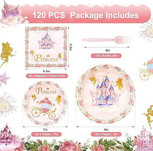 Miniatura 2 de Juego de vajilla de 120 piezas para fiesta de princesa, servilletas, tenedores, suministros de fiesta, decoraciones de fiesta de castillo de