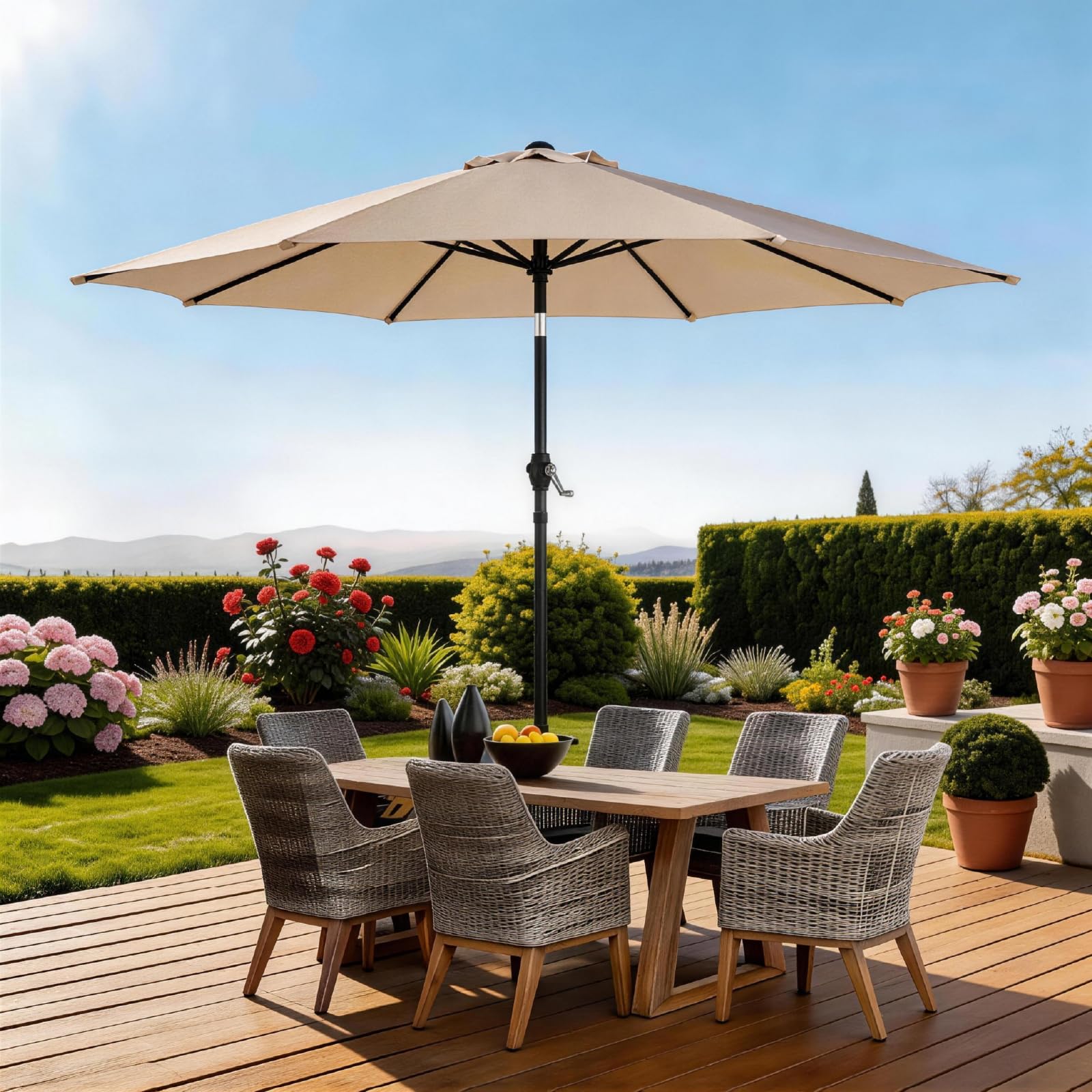 LEADZM Ombrellone da 270 cm con manovella, inclinabile, antivento, impermeabile, 6 stecche in ferro e telaio in ferro, ombrellone da giardino per giardino, balcone, terrazza