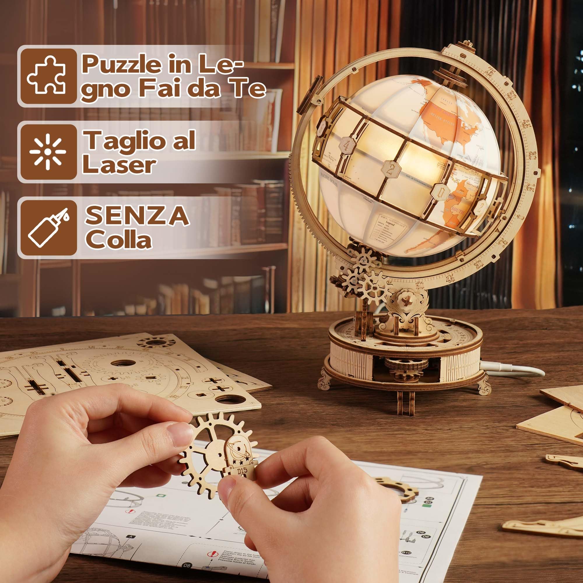 ROKR Puzzle 3D in Legno Nuovo Elettrico Luminous Globe Modellismo da Costruire Adulti,Regalo di Compleanno per Adulti e Ragazzi