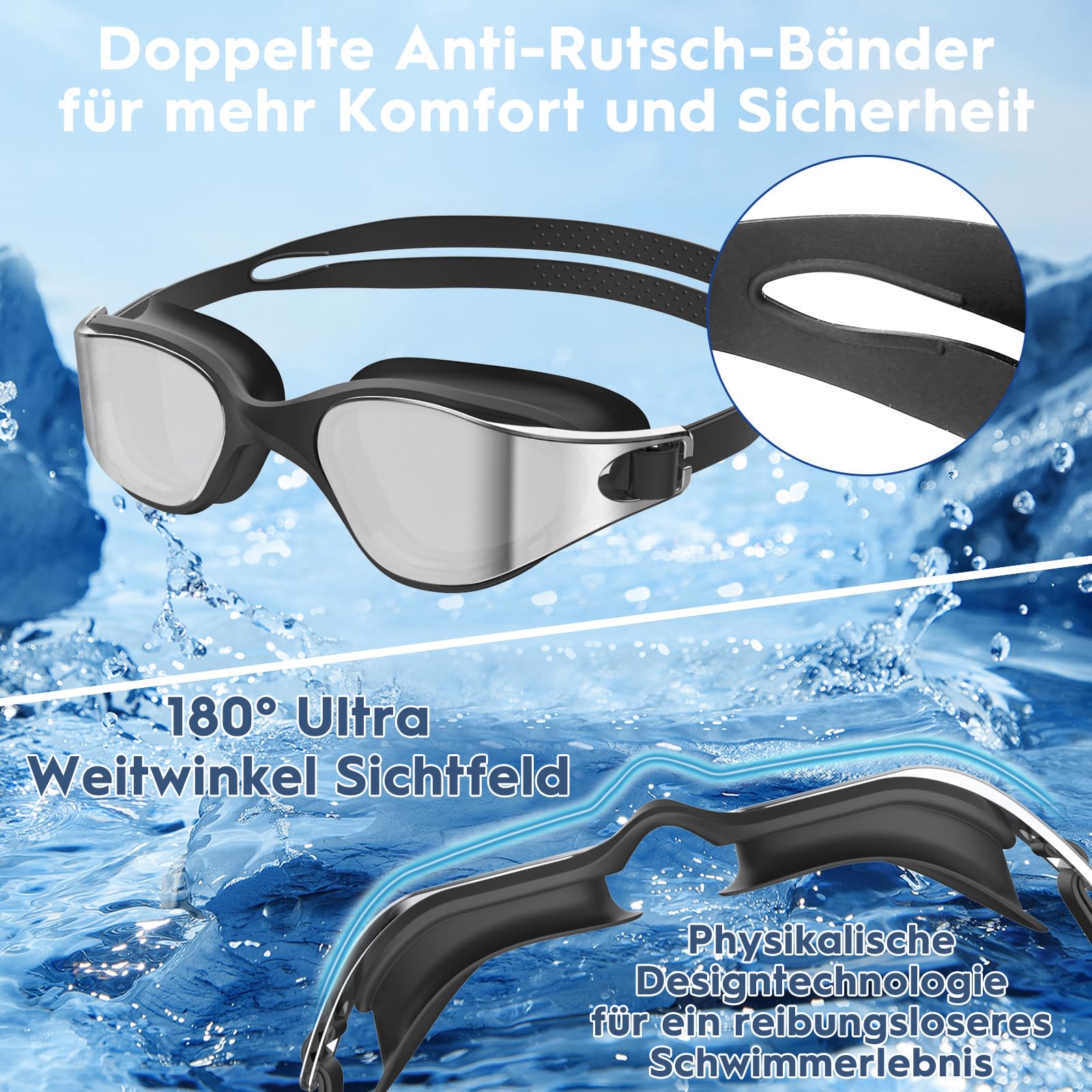 Polarisiert Schwimmbrille Herren Damen, UV-Schutz, Anti-Nebel, Verstellbarer Gurt, Komfortable Passform, Profi Schwimmbrille für Erwachsene und Jugendliche Mit Nasenklammer und Ohrstöpseln