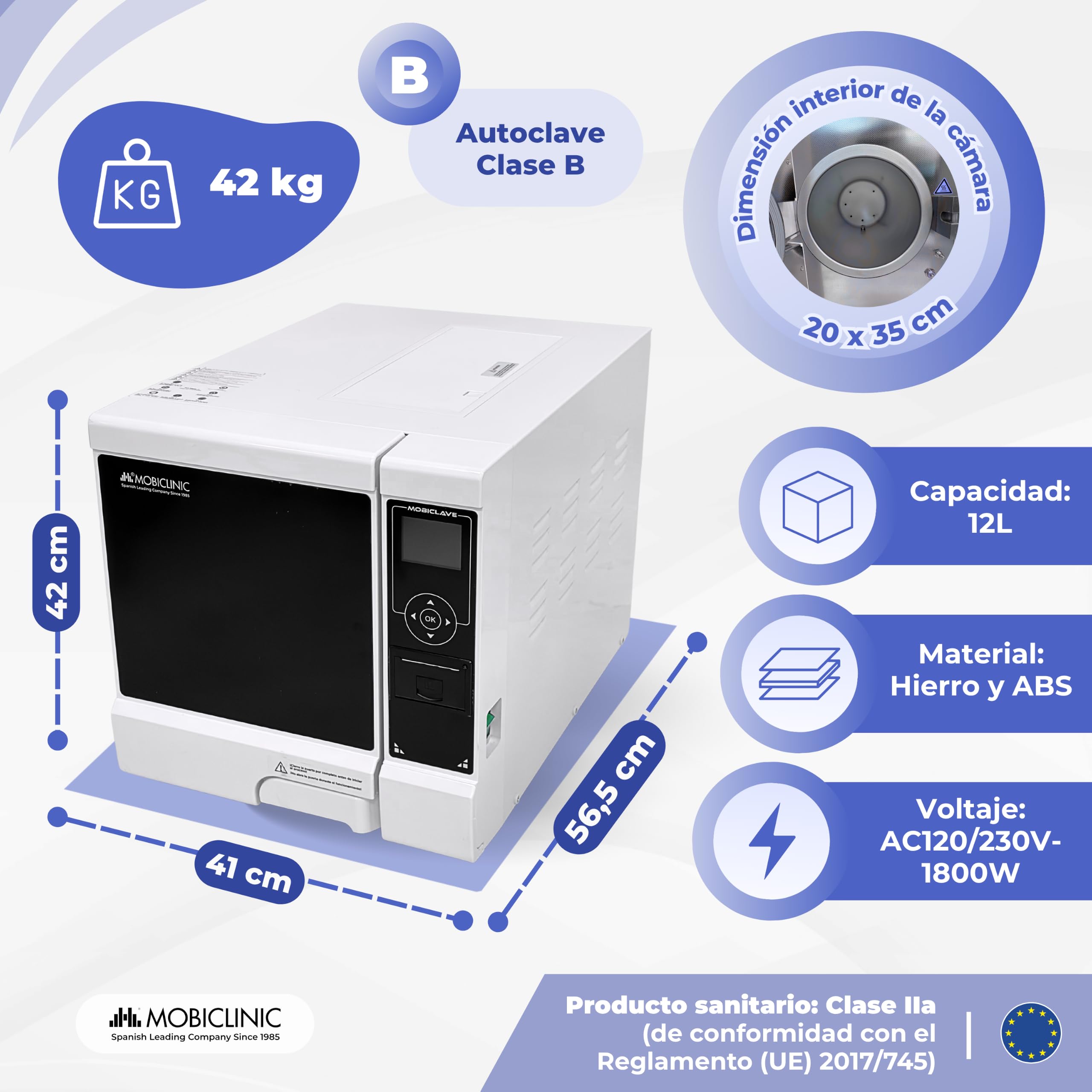 Mobiclinic®, Autoclave Profesional, Esterilizador Autoclave de Vapor 12L, Desinfecta 99% con Cobertura 360º, Pantalla LCD, Programas Personalizable, Impresora, USB, Clínicas y Laboratorios, MobiClave
