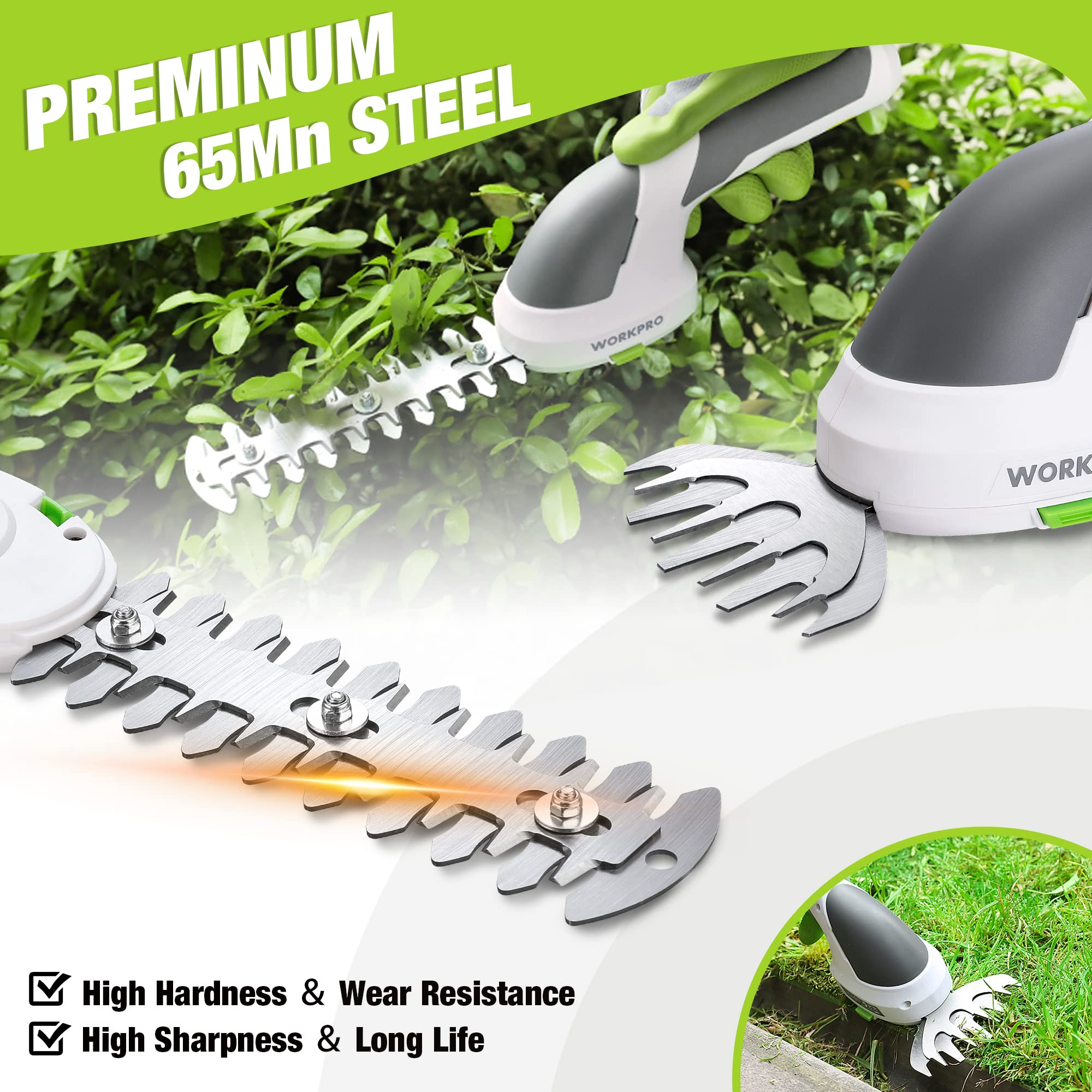 WORKPRO Cisaille Sculpte-Haie et Taille-Herbes sans Fil 7,2V | Cisaille à Gazon avec 2 Lames, Taille Haie Electrique 2 en 1 avec Batterie 2000 mAh, Câble de Charge