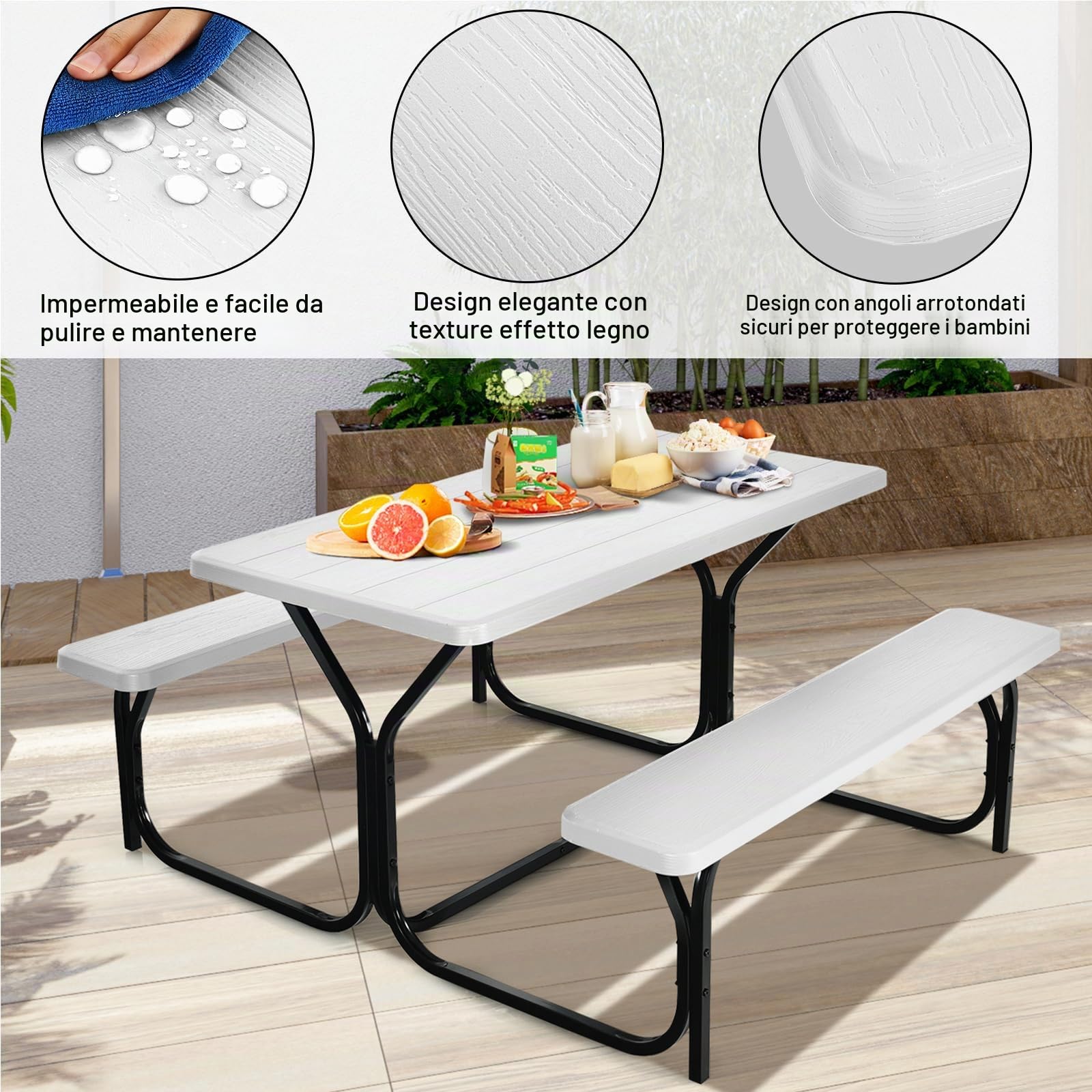 HOMASIS Tavolo e Panche Birreria, Tavolo e Sedie da Esterno, Set di Mobili da Giardino, Panca da Giardino, Tavolo da Picnic con Sedia, Mobile per Bar, Ristorante, 136,5 x 150 x 72 cm (bianco)
