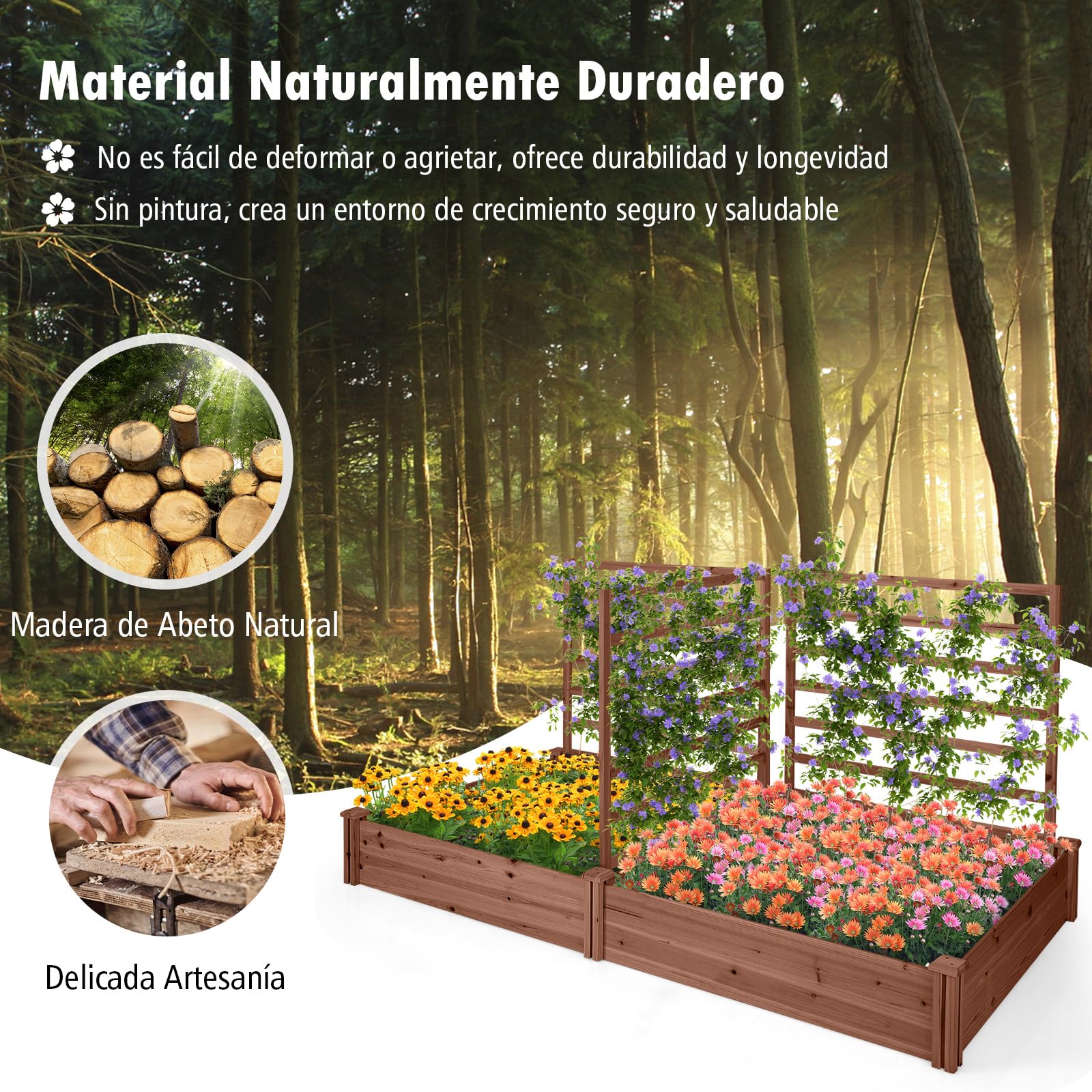COSTWAY Jardinera con Enrejado, Cama Elevada de Jardín con 2 Maceteros y 3 Enrejados, Kit de Macetero de Madera para Exteriores, Macetero Elevado para Patio de Jardín, 222 x 114 x 110 cm (Marrón)