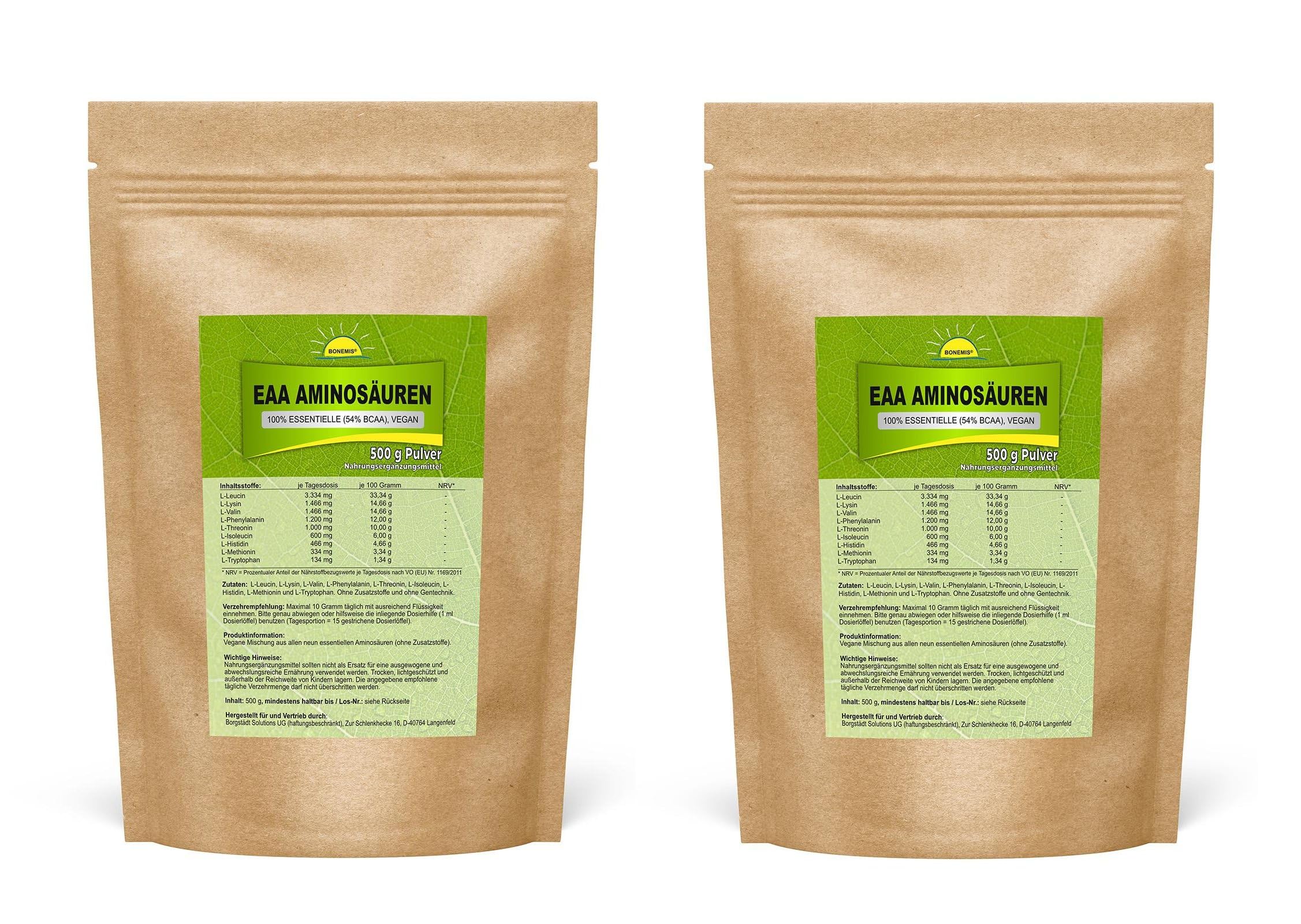 Essentielle Aminosäuren, EAA, Pulver, vegan, ohne Zusatzstoffe, 2x 500 g