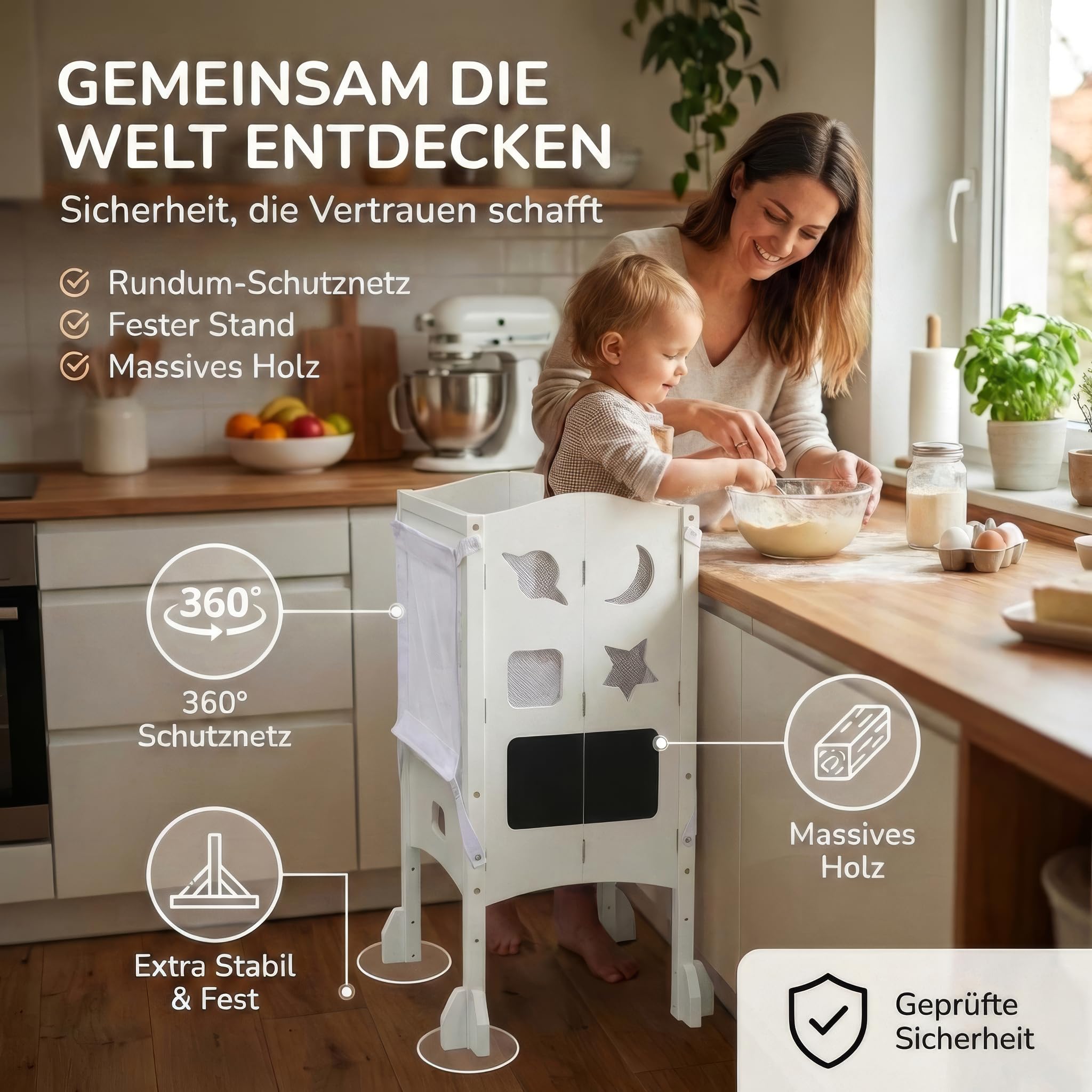 BabybeFun Lernturm klappbar ab 1 Jahr mit 360° Sicherheitsnetz - Extra Stabiler Learning Tower mit Anti-Kipp-Schutz