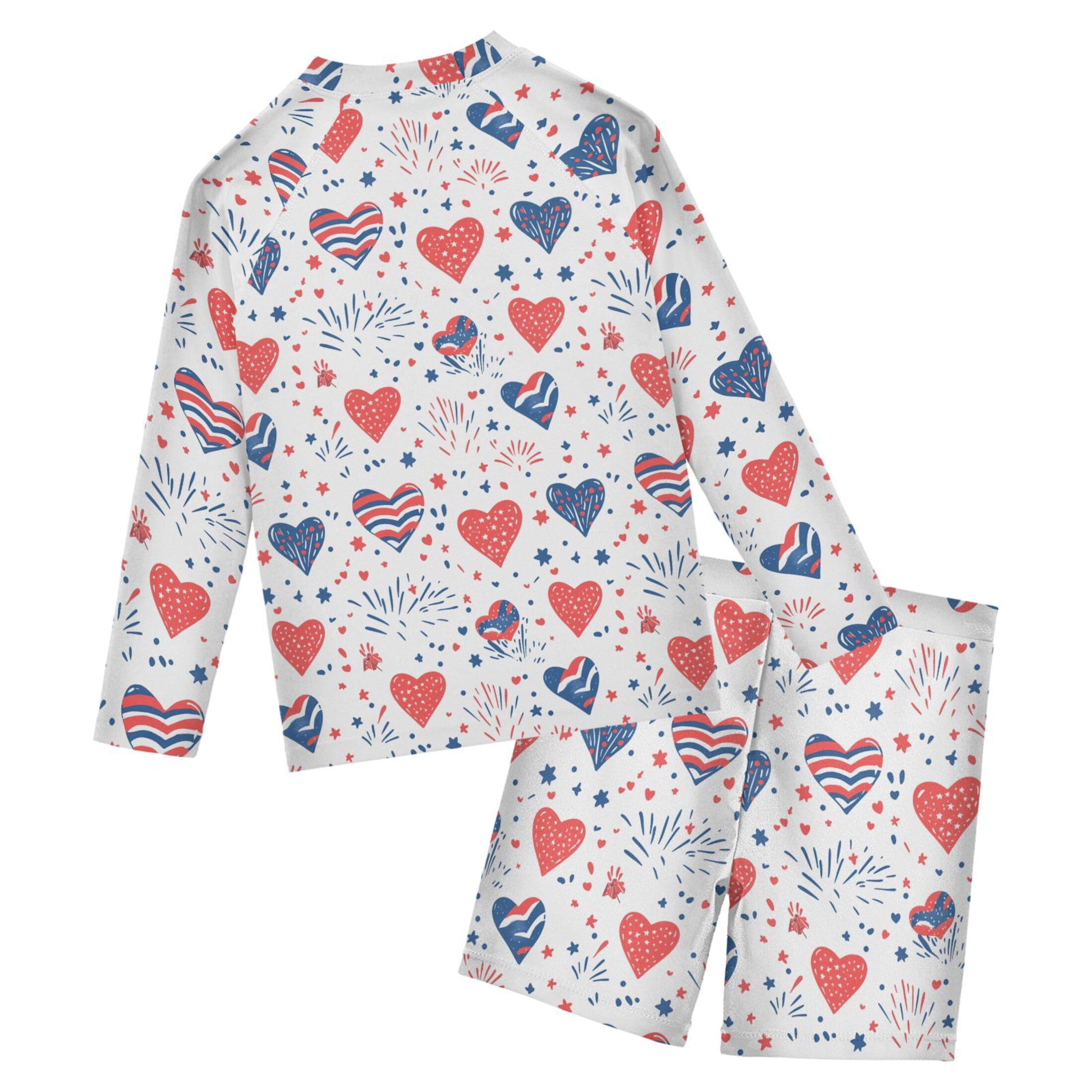 July 4th Independence Day Heart Boys Rash Guard Swimsuits Set Long Sleeve Swim Shirts Bathing Suits B0404585