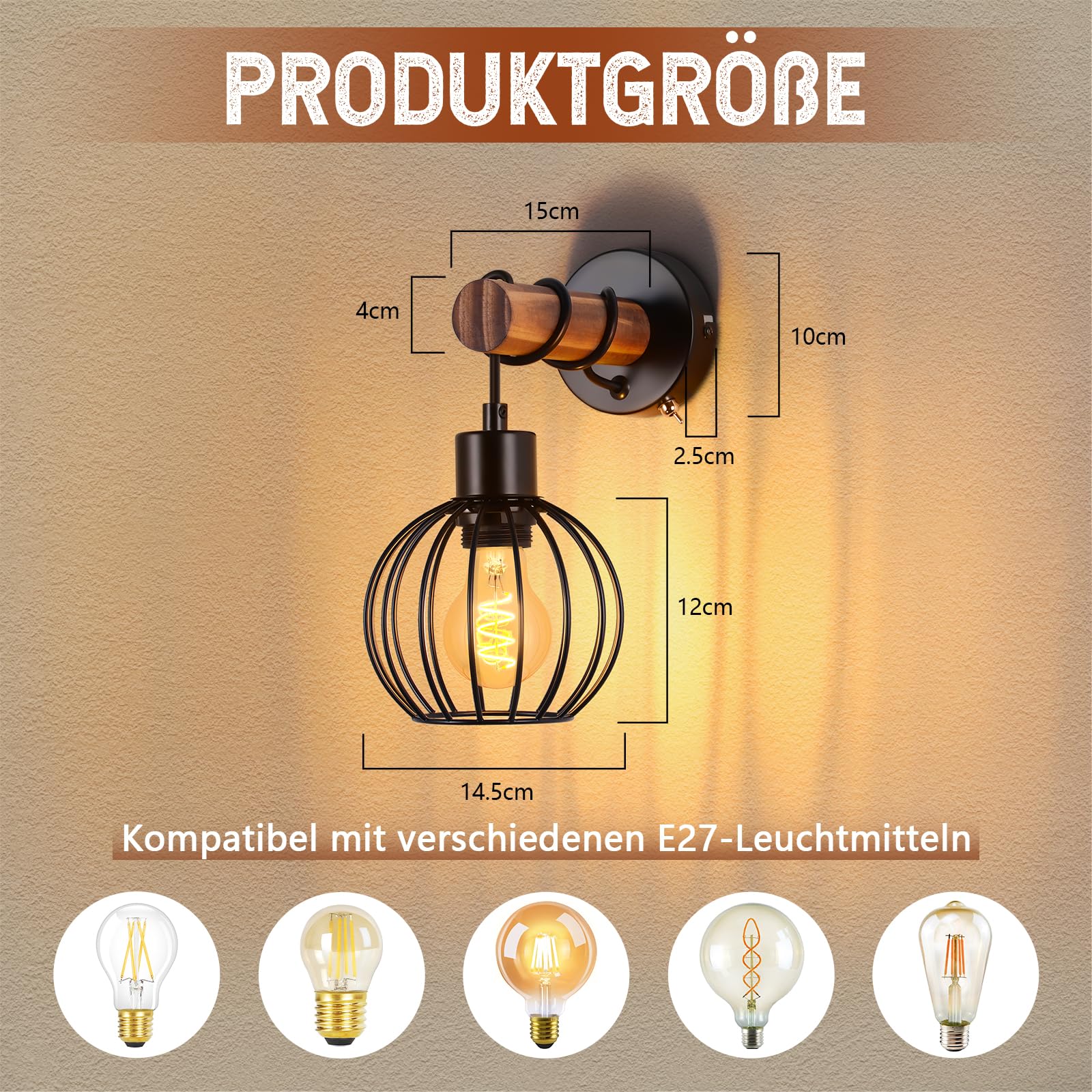 ZMH 2er Wandleuchte Wohnzimmer Vintage Holz: Wandlampe mit Schalter Wandbeleuchtung Schwarz im industrial Design E27 Wandstrahler aus Metall Bettlampe für Schlafzimmer Flur Cafe - Ohne Leuchtmittel