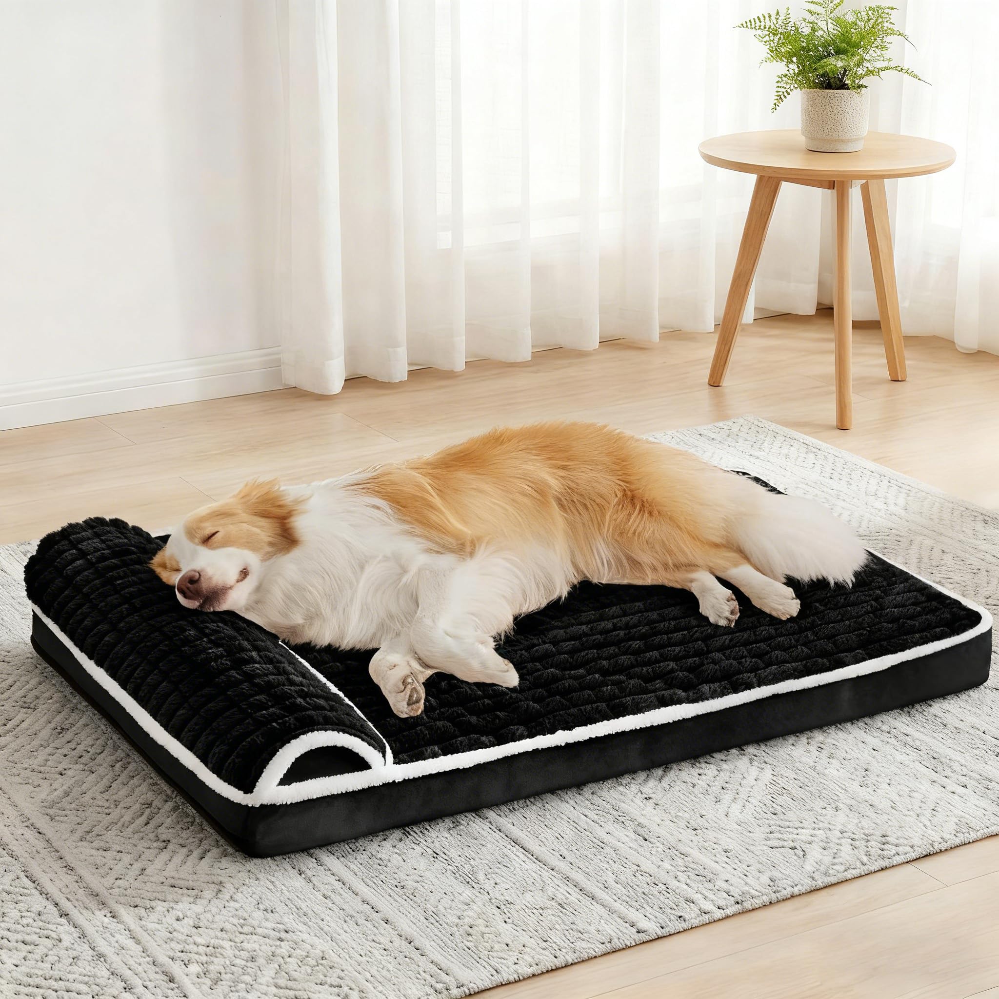 Orthopedic XL Dog Bed Large Sized Dog with Pillow 48''X30'', Waterproof Soft Comfortable Egg Crate Foam Pet Crate Beds Mat with Removable Washable Cover and Non-Slip Bottom, Black
