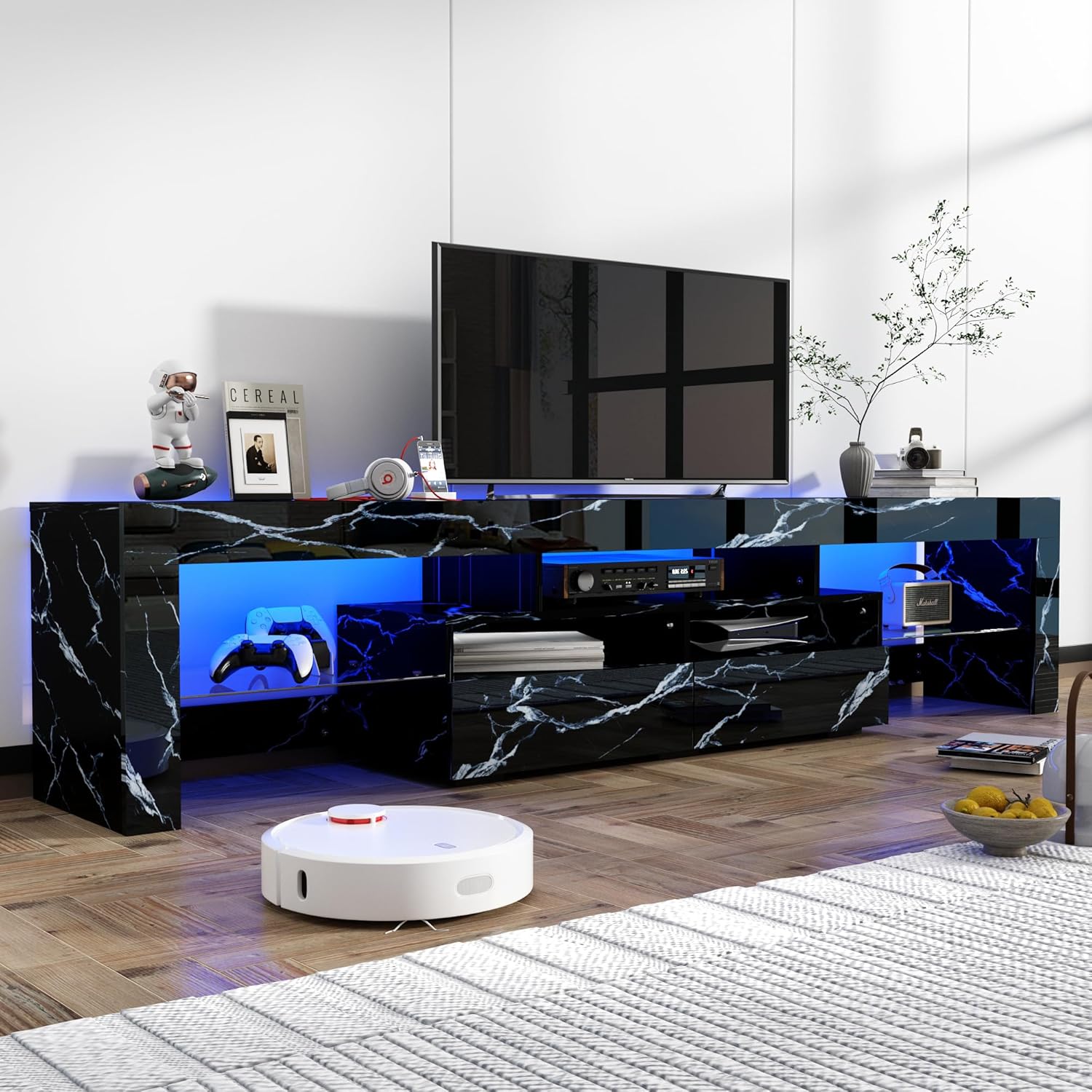 St.Mandyu 70IN LED TV Stand for 65/75/85 inch TV, High Glossy Modern Entertainment Center with Drawer and Led Lights, Television Table Media Console for Living Game Room Bedroom(Marble Black)