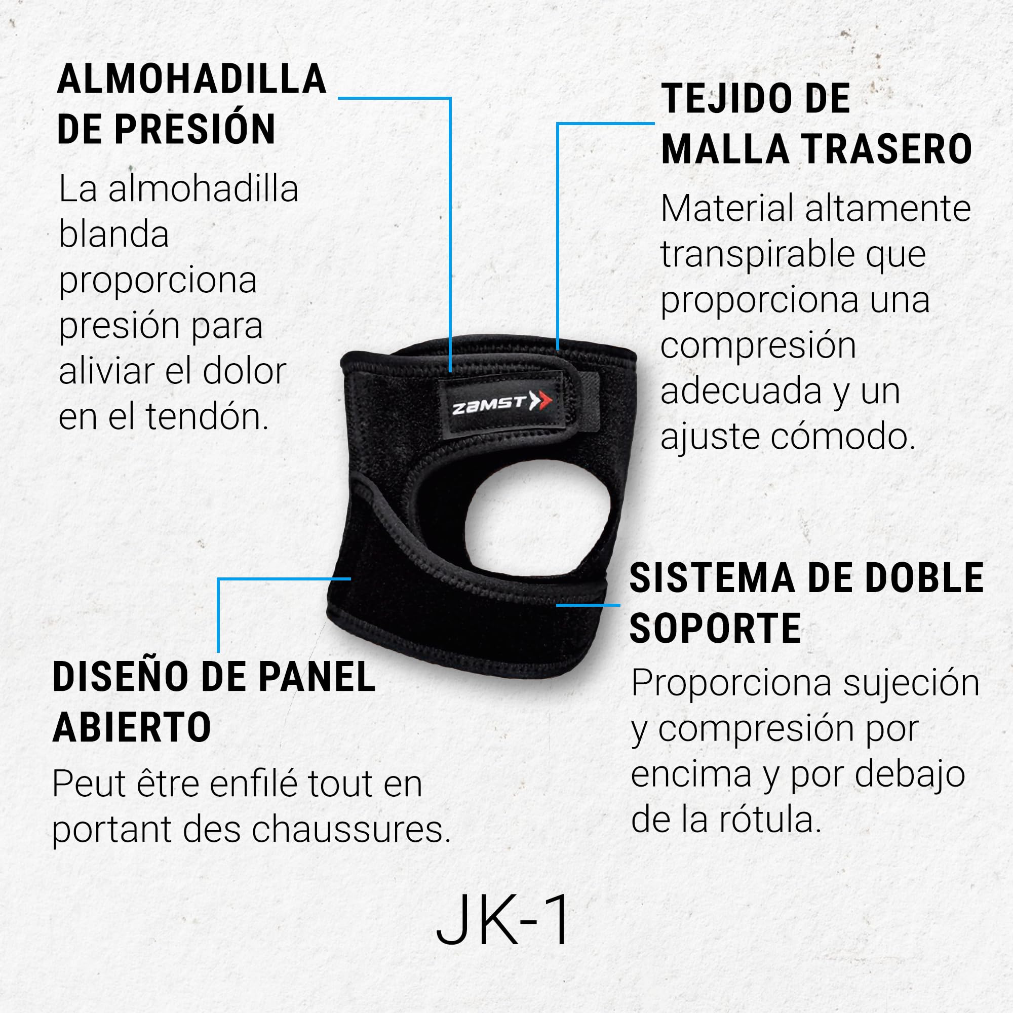 Zamst JK-1 Rodillera Deportiva - Rodillera de Compresión Ajustable para Hombres, Mujeres y Niños con Almohadilla de Presión para Dar Apoyo Bajo la Rodilla, para Dolores de Salto y de Crecimiento - M
