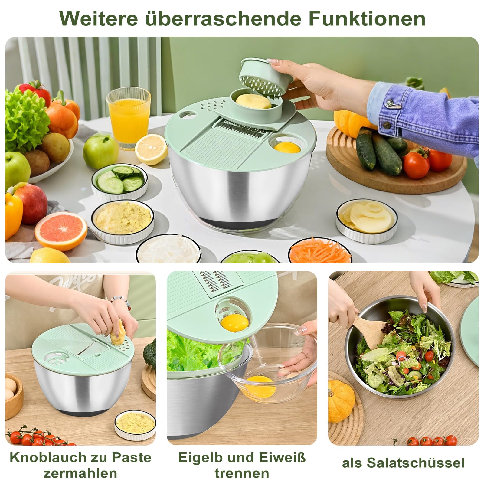 5L Salatschleuder Edelstahl, Gemüseschneider, Rührschüssel 3-in-1, mit 6 verschiedenen Ausstechern & rutschfestem Boden, Handkurbel-Design, Zum Obst und Gemüsehobel und trocknen, Küchenhelfer