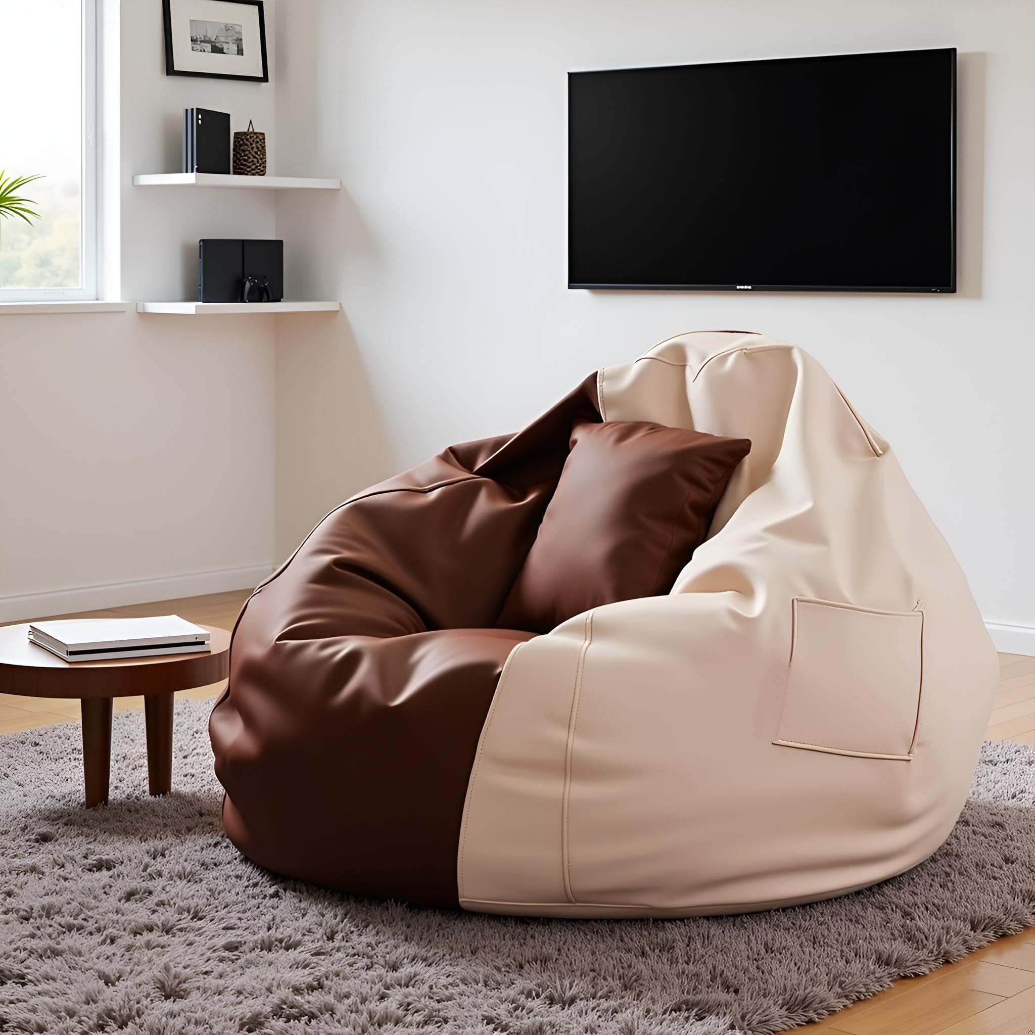 OHSTORE 4XL Bean Bag Cover Set in Faux Leather with Footrest & Cushion β No Filling, Ideal for Home, Office & Gaming Lounge, Cream & Brown (Only Cover) 4