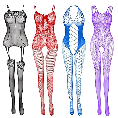 JDiction Fishnet Lingerie for Women Fishnet Bodysuit Lace Bodysuits Sexy Babydoll Nightwear (4 Pack) - Black+red+blue+purple