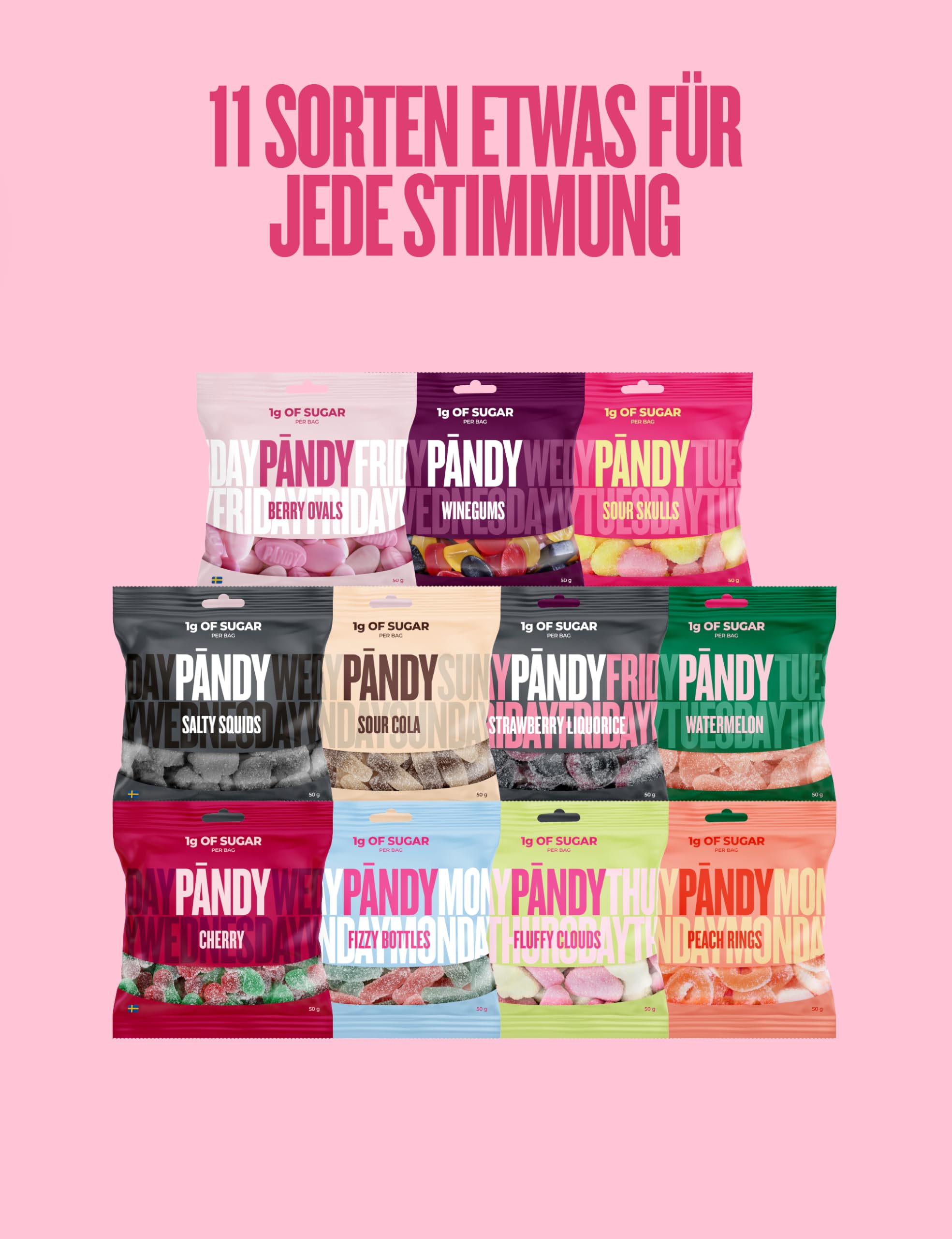 Pändy zuckerfreie Gummibärchen mit 100% Geschmack - 8x 50g Probierpaket - zuckerfreie Süssigkeiten (<1g Zucker) - glutenfreie Süßigkeiten ohne Zucker - kalorienarme, low carb, gesunde Snacks