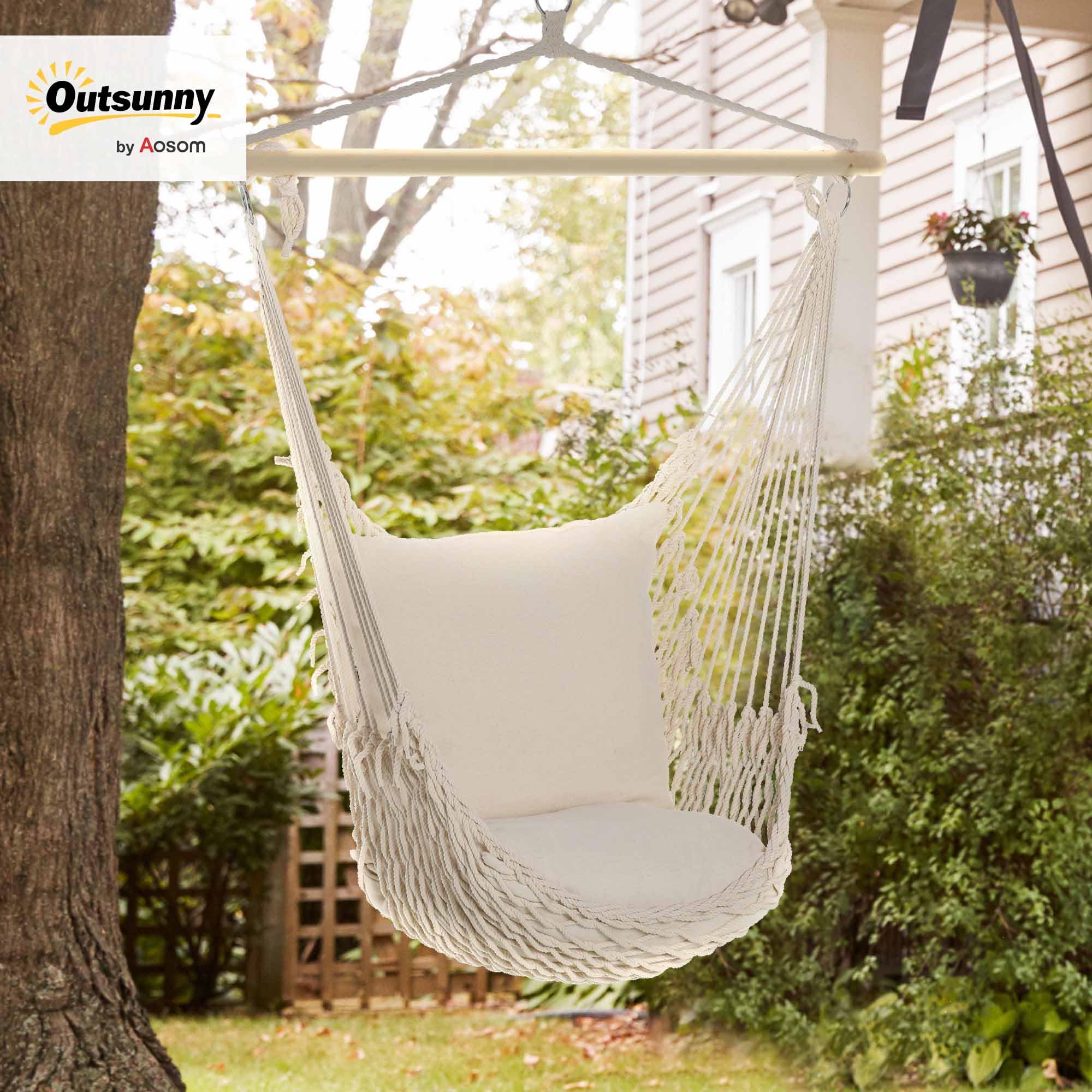 Outsunny Fauteuil Suspendu extérieur et intérieur, Chaise Suspendue Portable avec Coussins, Tissage en Coton, siège Suspendu extérieur, Chaise hamac balançoire, Charge 120 Kg, Blanc