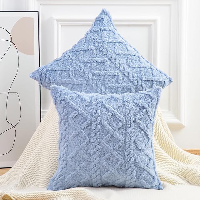 Madizz Set of 2 Soft Plush Fuzzy Short Wool Fleece Cushion Covers Patterned Throw Pillow Cases Decorative Pillow Shell for Sofa Bedroom Square Blue 18x18 inch