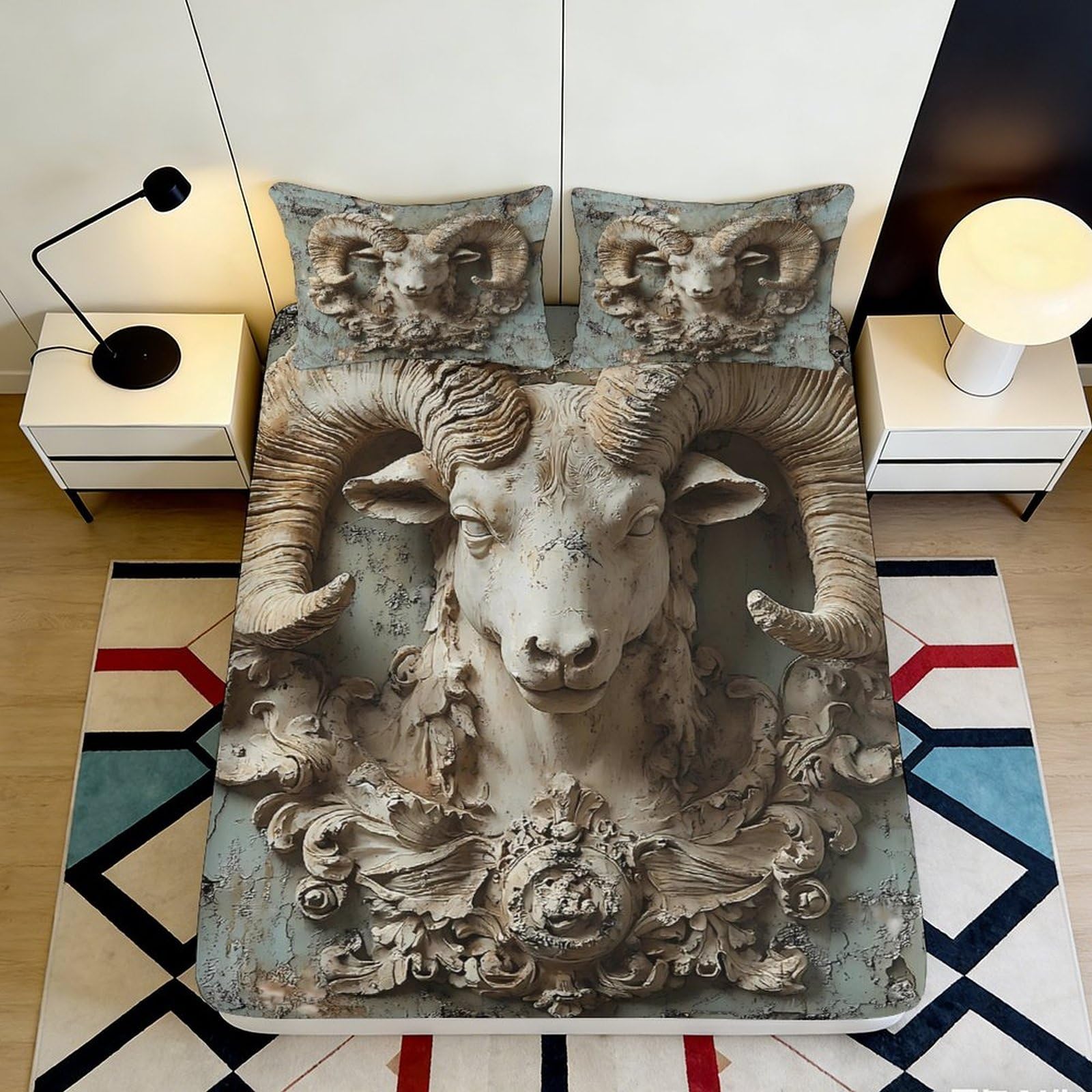 3D Printed Ram Sculpture Fitted Sheet Microfiber Soft Durable 3D Printed Baroque Bed Cover for Bedroom Dormitory Guest Room Mattress Protection 120x200x25cm