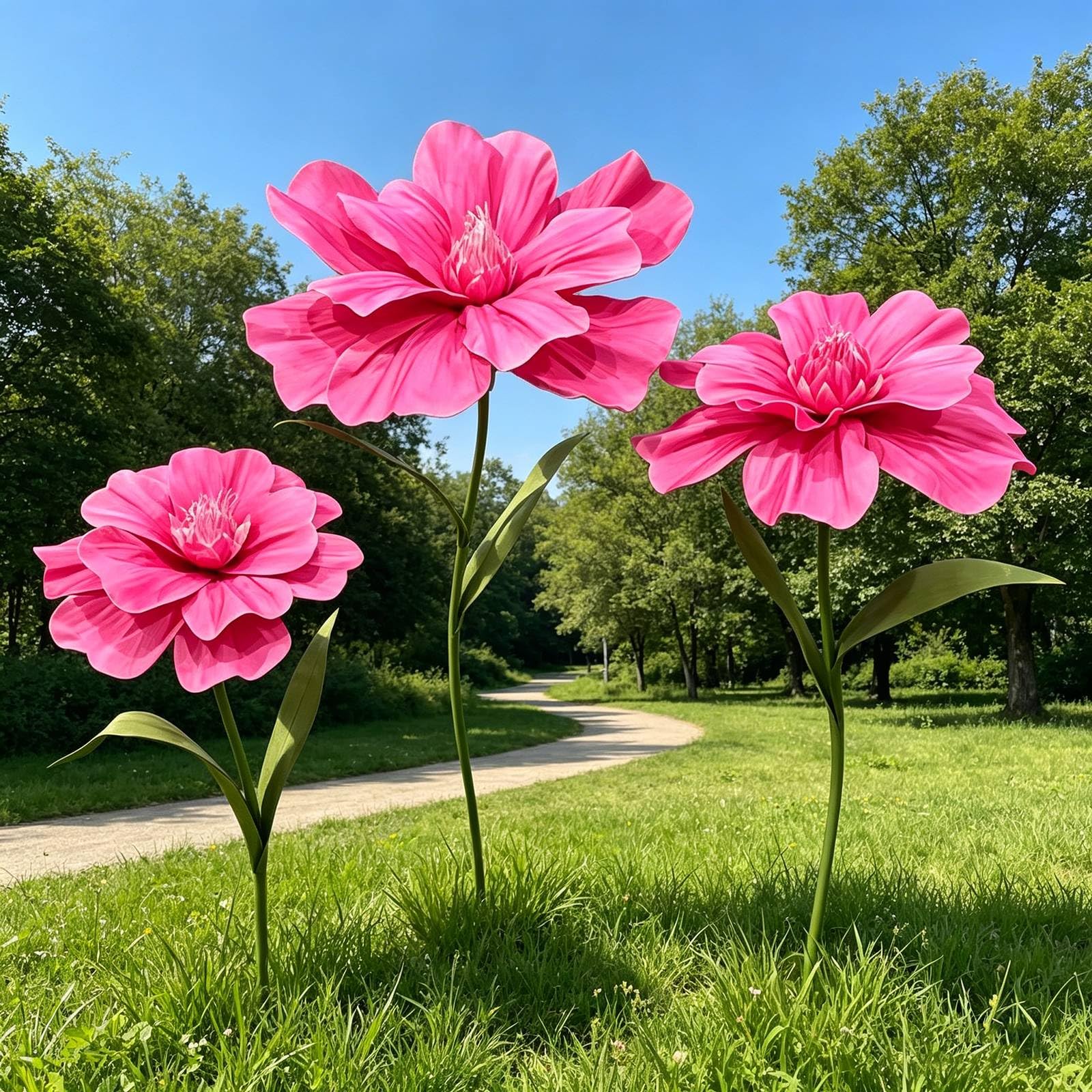 3 Stück Große Künstliche Blumen Weatherproof Riesige Künstliche Blumen Mit Ständer Für Hochzeit, Geburtstag, Party, Garten, Büro, Zuhause, Schaufenster Pink Red,One Size