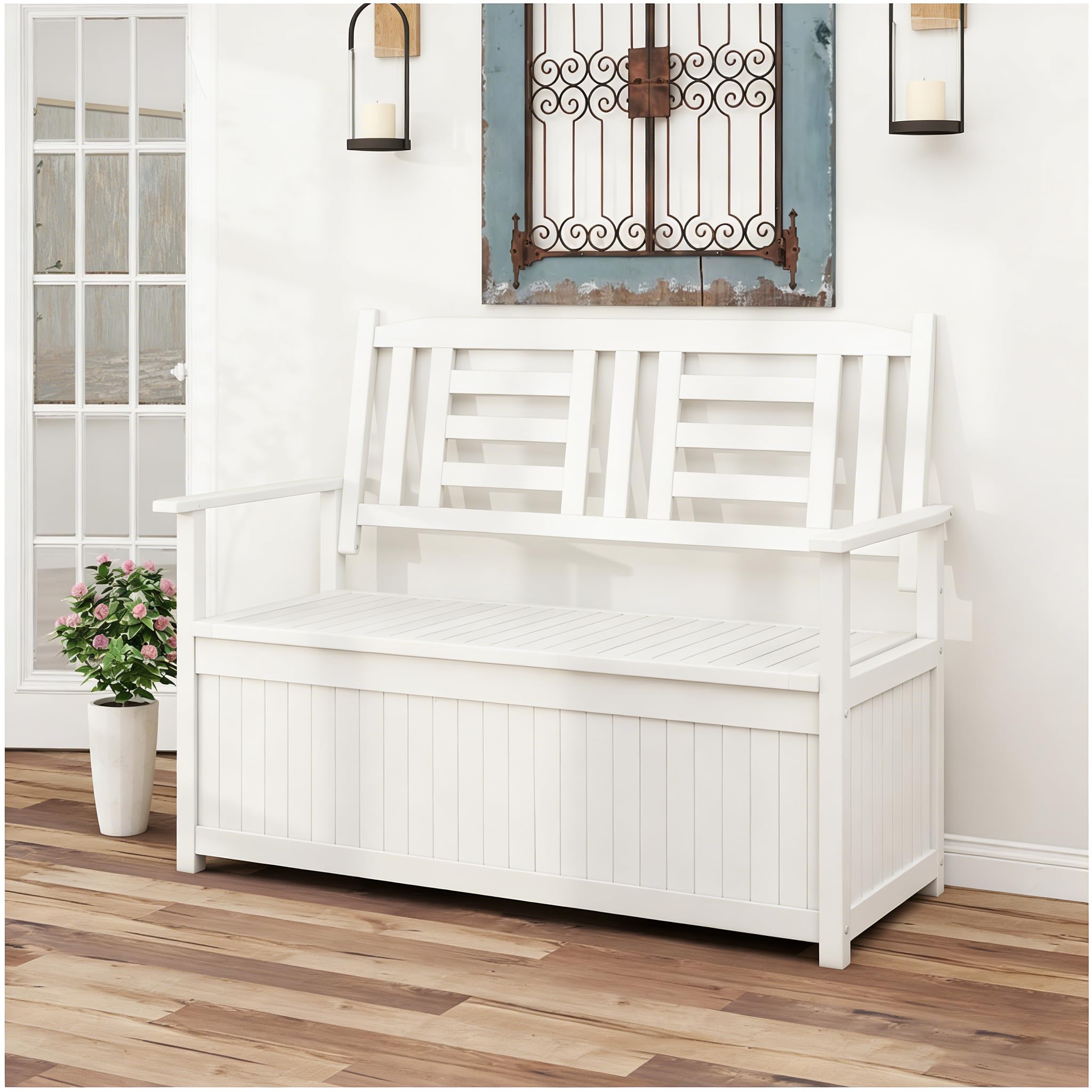 KOMFOTTEU Banco Arcón de Jardín de 2 Plazas, Banco Exterior de Madera Maciza con Almacenamiento 185 L, Baúl Contenedor con Reposabrazos y Respaldo, Carga 250 kg, 123 x 68,5 x 96 cm (Blanco)