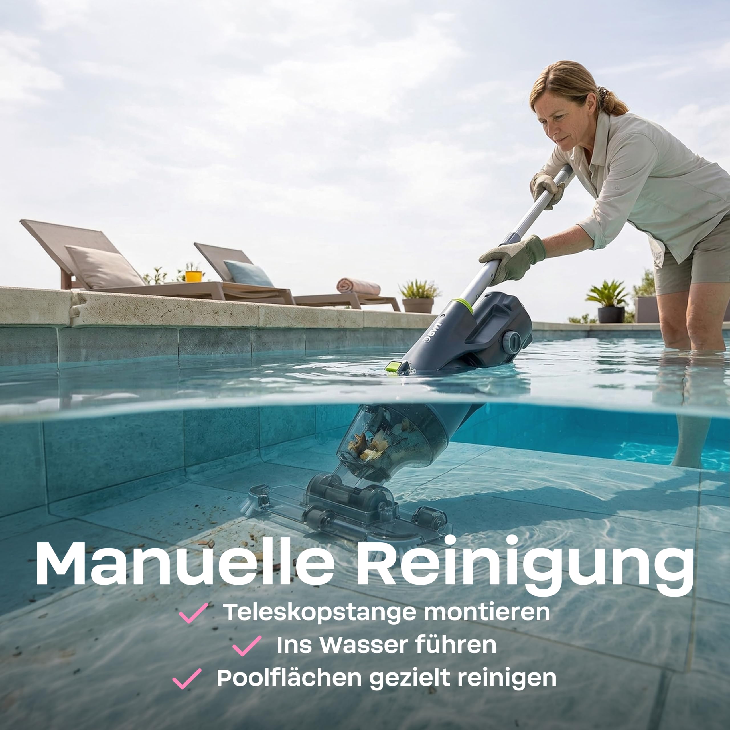 (NEU 2026) BWT Poolsauger Akku ES30, kabelloser Pool Bodensauger | 40min Laufzeit, 4000 mAh, Leistungsstark, für Pools bis 15000l, schnelle & effiziente Reinigung