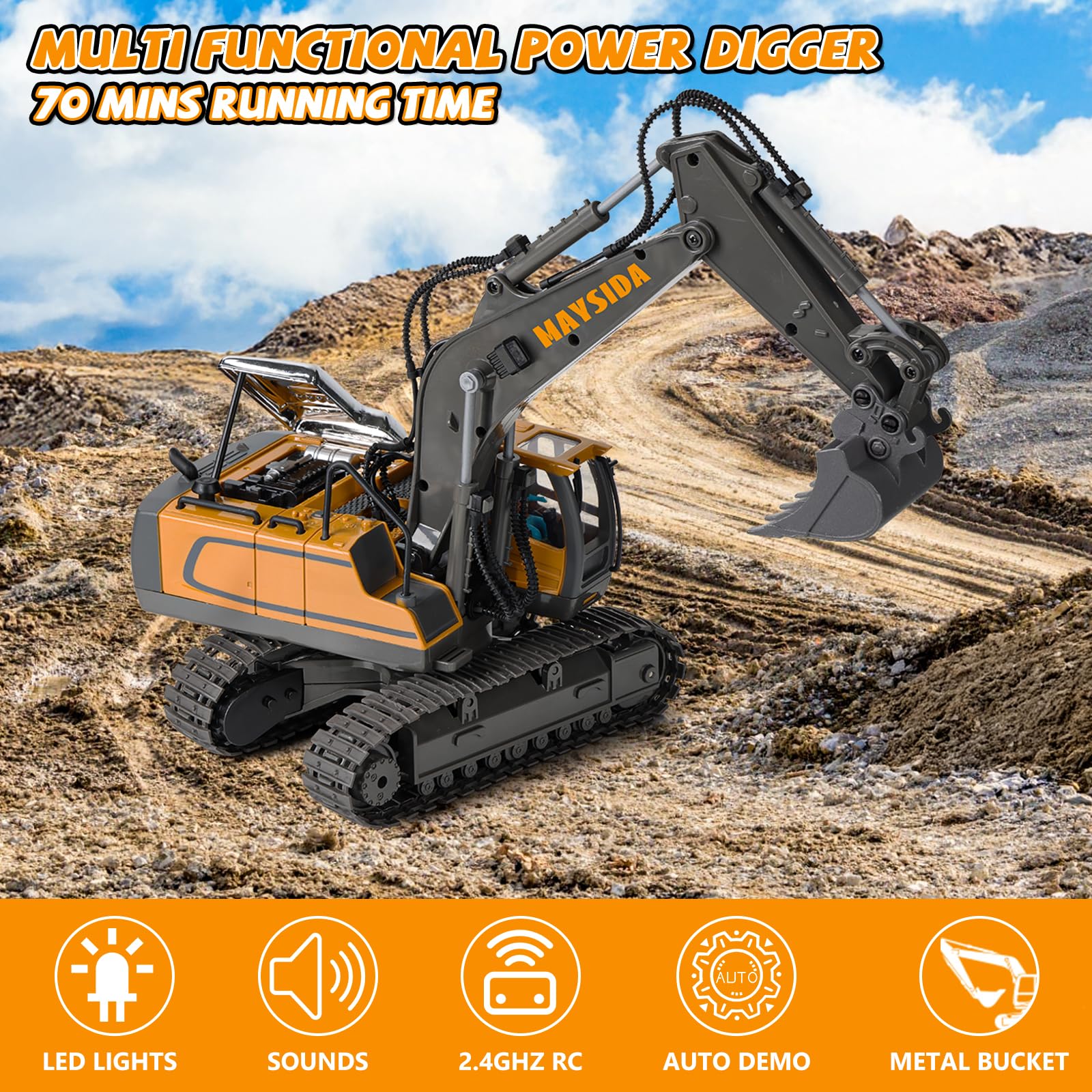 Excavadora Teledirigido Niños 6-12 Años, Excavadora Juguete Teledirigido 11 CH Recargable con Pala de Metal, Sonido y Luz, Juguetes Niños 3 4 5 6 7 Años Juguetes Regalo Niño 4 5 6 7 8 9 Años (2,4 GHz)