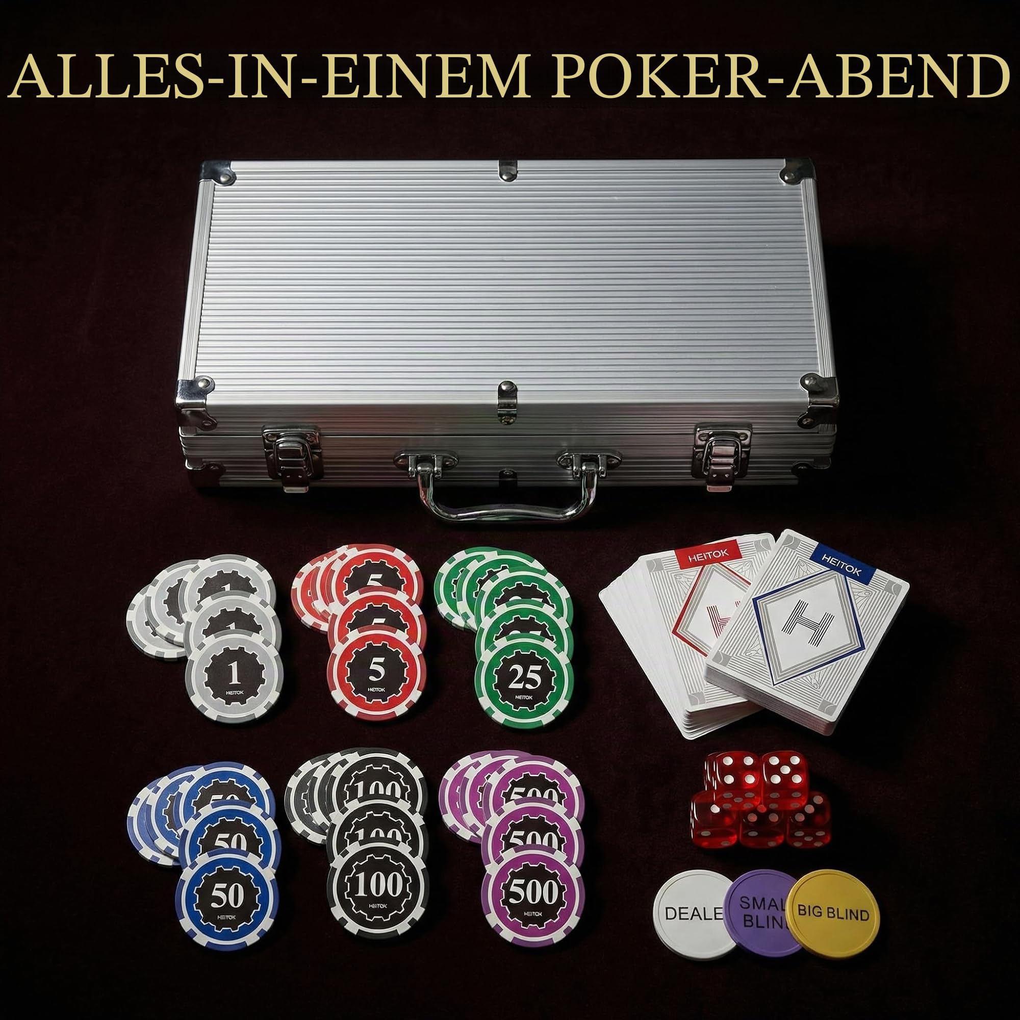 HEITOK Pokerkoffer 300 Pokerchips 11,5g Eisenkern nummeriert Texas Holdem | Blackjack, Heimcasino, 2-8 Spieler, lesbare Werte, 2 Decks, 5 Würfel, Dealer+Blind Buttons, Transport, schneller Tischaufbau