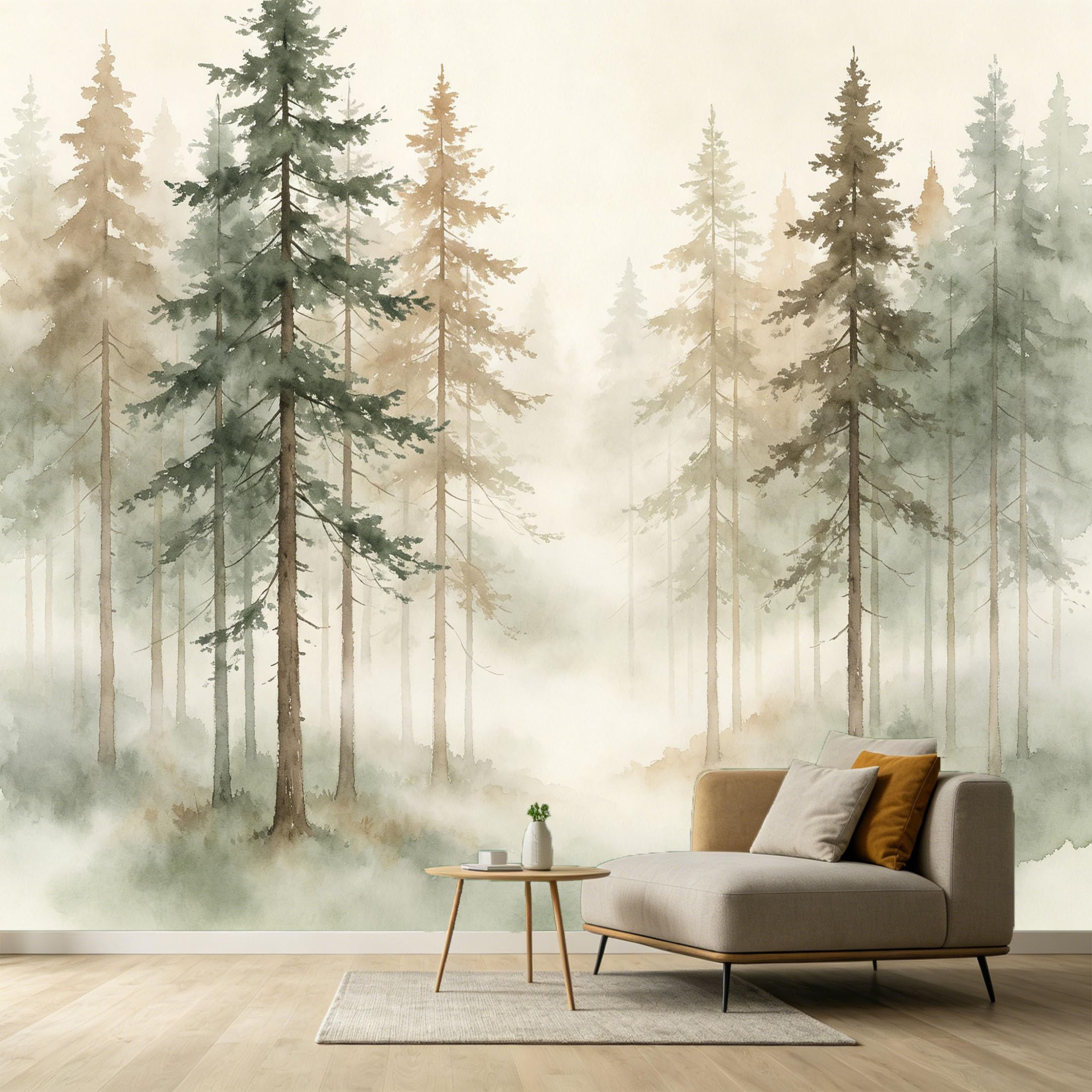 Custom Size Wall Murals Misty Pine Forest Landscape Watercolor Style Tall Conifer Trees SelfAdhesive Wall Fabric Removable Large Wallpaper for Photo Living Room