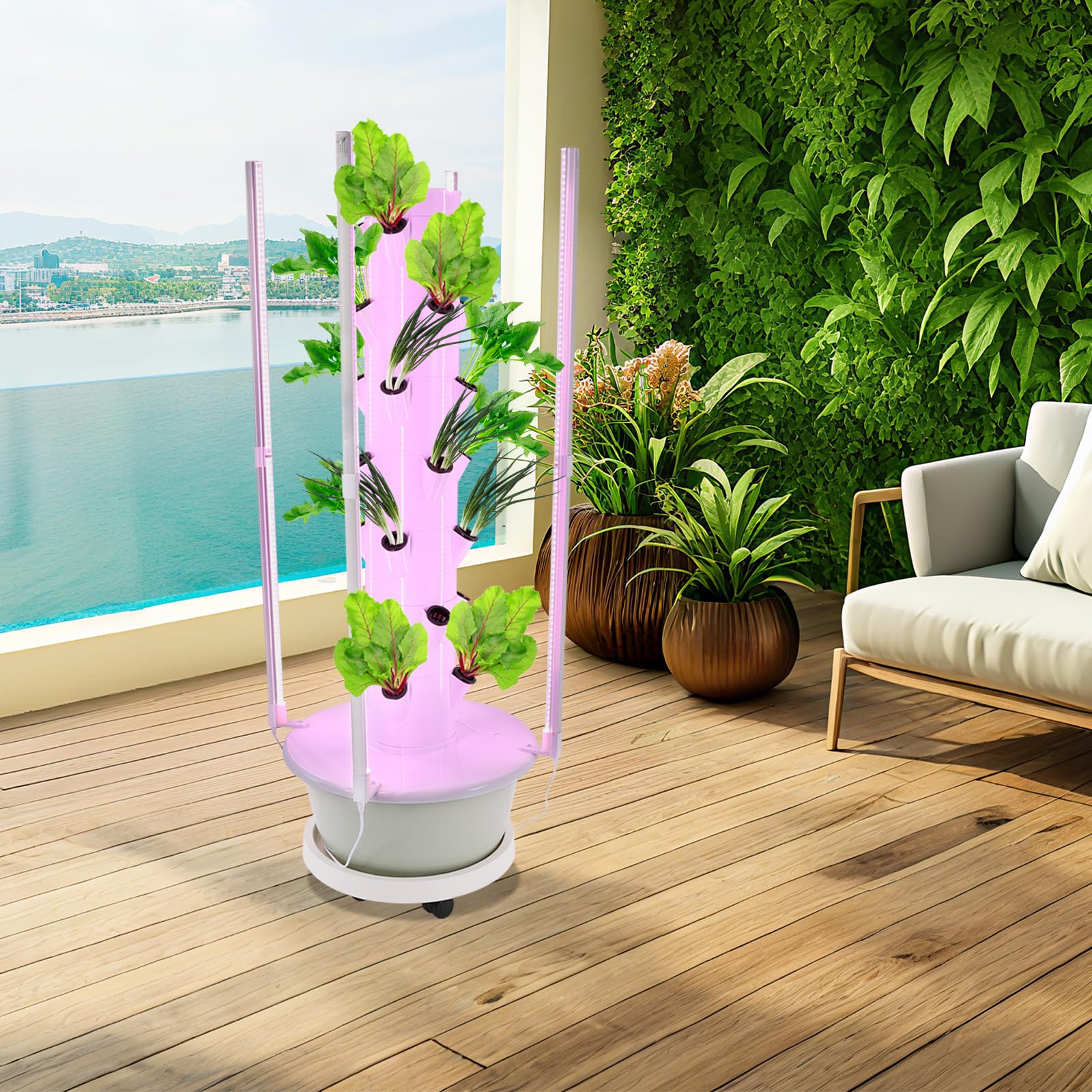 Tour de Culture Hydroponique 28 Trous Système Tour Hydroponique Verticale 7 Niveaux avec LED d'éclairage et Roues,Hydroponie Kit Complet,pour Culture Tomates, Fraises, Laitue