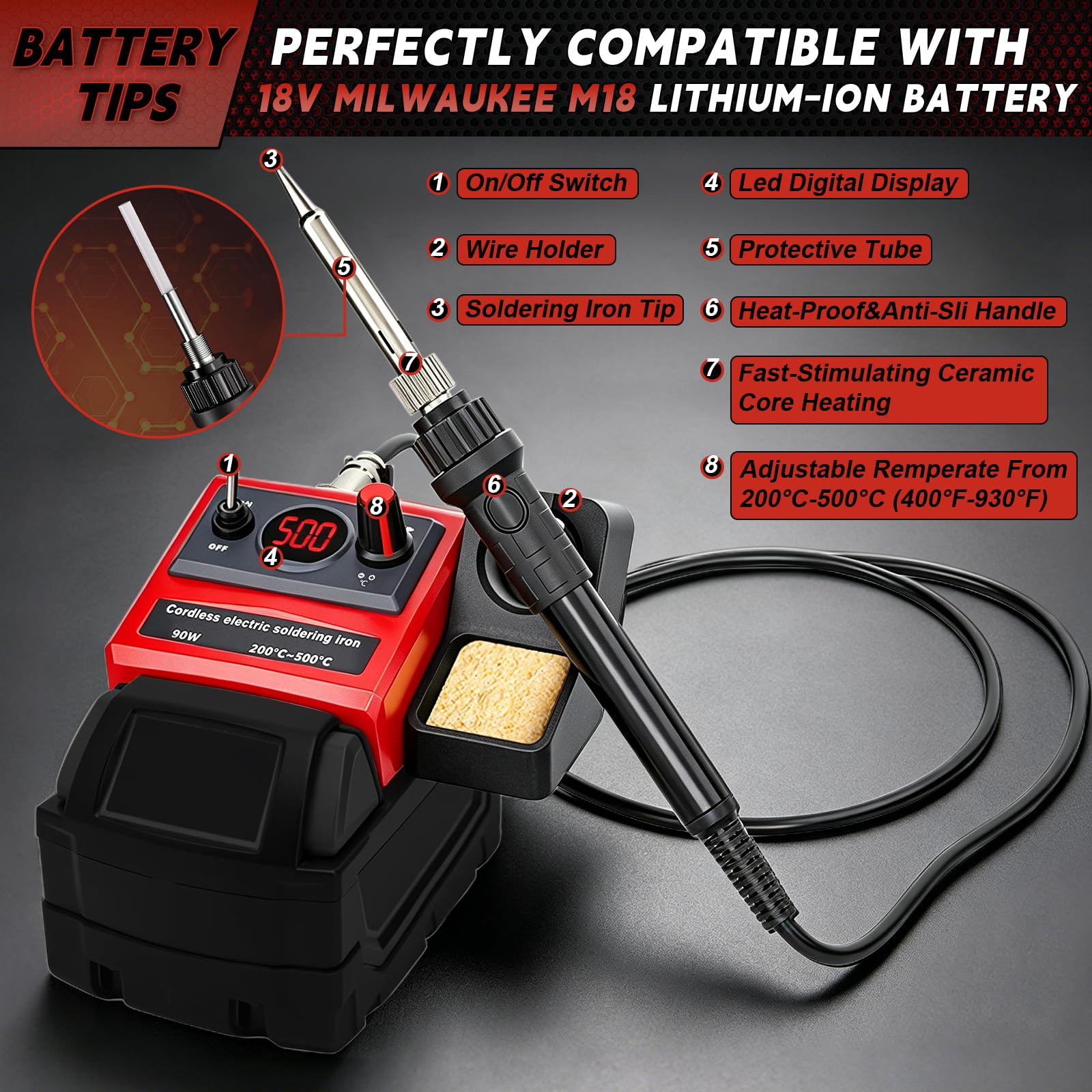 Estación de Soldadura a Batería para Milwaukee 18V (sin Batería) | 90W, Kit de Soldador, Temperatura 200–500°C, Pantalla LCD, 5 Puntas, Bobina de Hilo, para Bricolaje