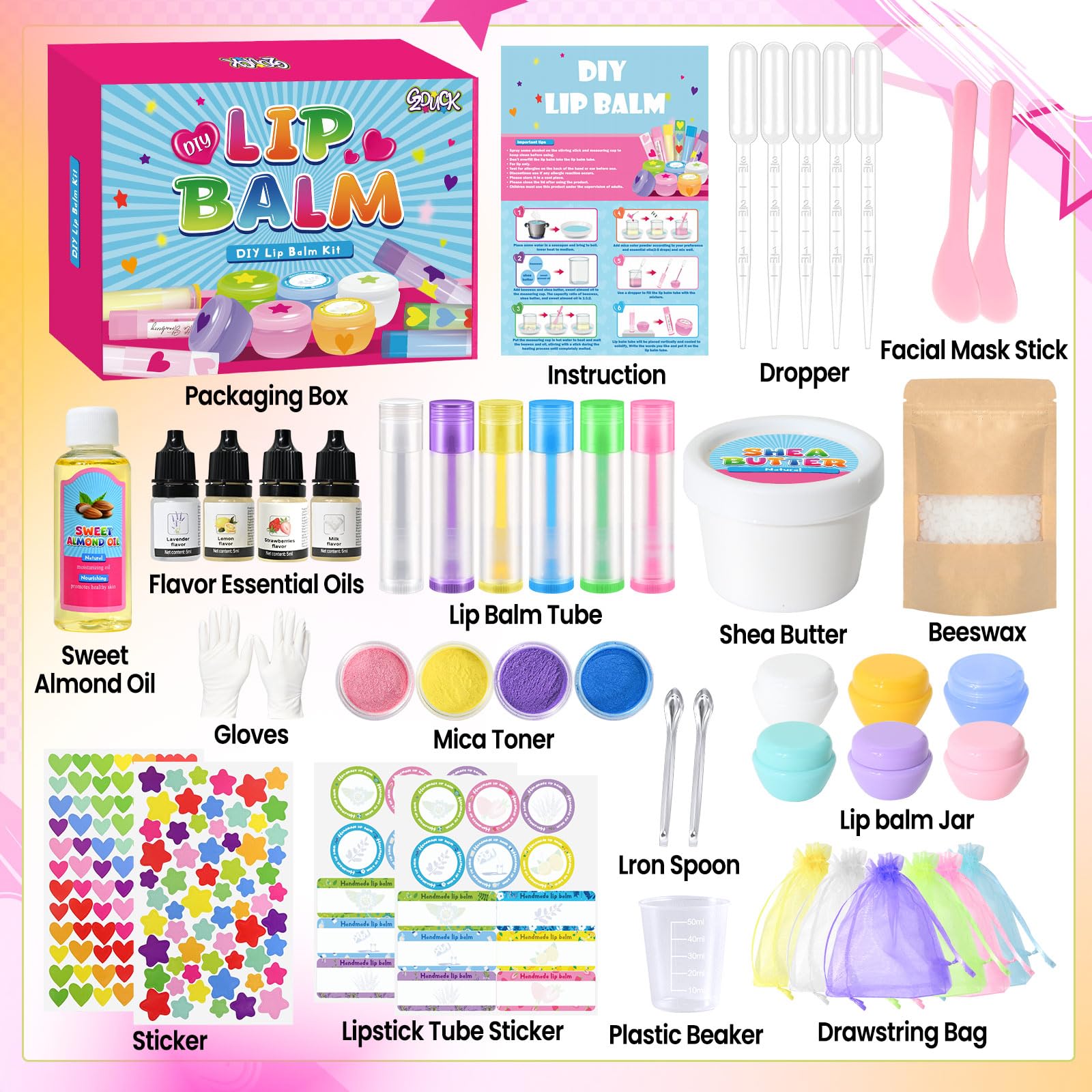 GZDUCK DIY Lippenbalsam Herstellung, 42 Stück Lippenbalsam für Mädchen, machen Sie Ihren eigenen Lipgloss, mehrfarbiges Make-up-Set für Frauen, Teenager und
