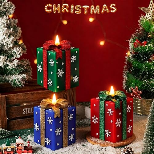 Miniatura 6 de Velas navideñas sin llama, funcionan con pilas, color a mano, con forma de caja de regalo pintada a mano, velas LED eléctricas parpadeantes con