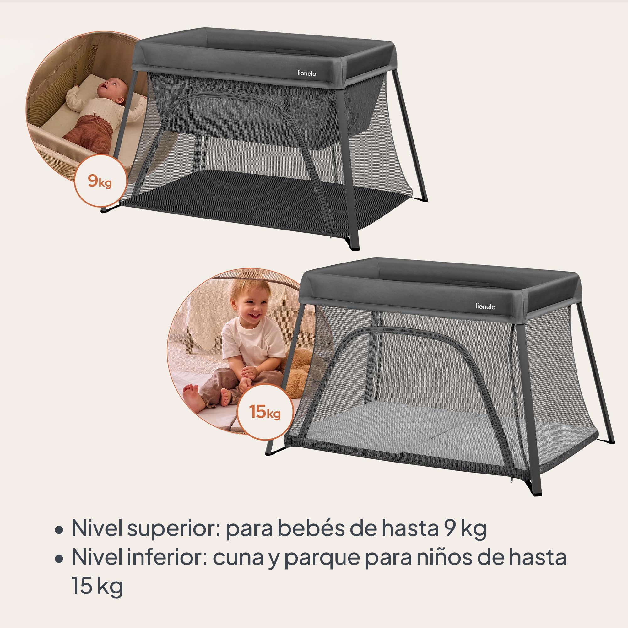 lionelo Cuna de Viaje Parque Cuna Bebe 3 en 1 Alice de 0 a 15 kg Colchón de Espuma, 2 Niveles de Altura, Plegable, Pequeña, Ligera, Entrada Lateral, Bolsa de Viaje