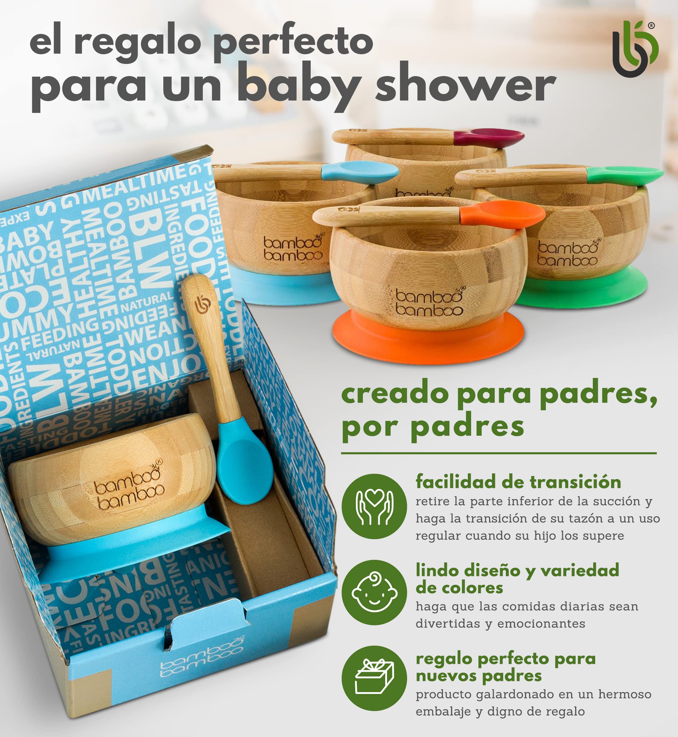 Set de Bowl adherente y cuchara para bebé en combinación, Bowl que no se despega de la mesa al comer, Bambú natural (Azul)