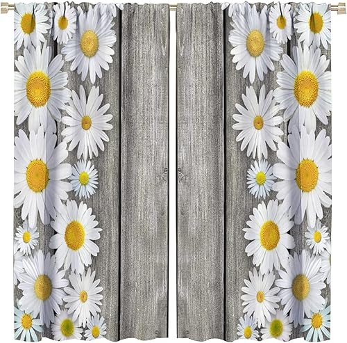 Cortinas rústicas de cocina de granja, margaritas florales de granja de primavera, cortinas opacas de madera retro con bolsillo para barra, cortinas