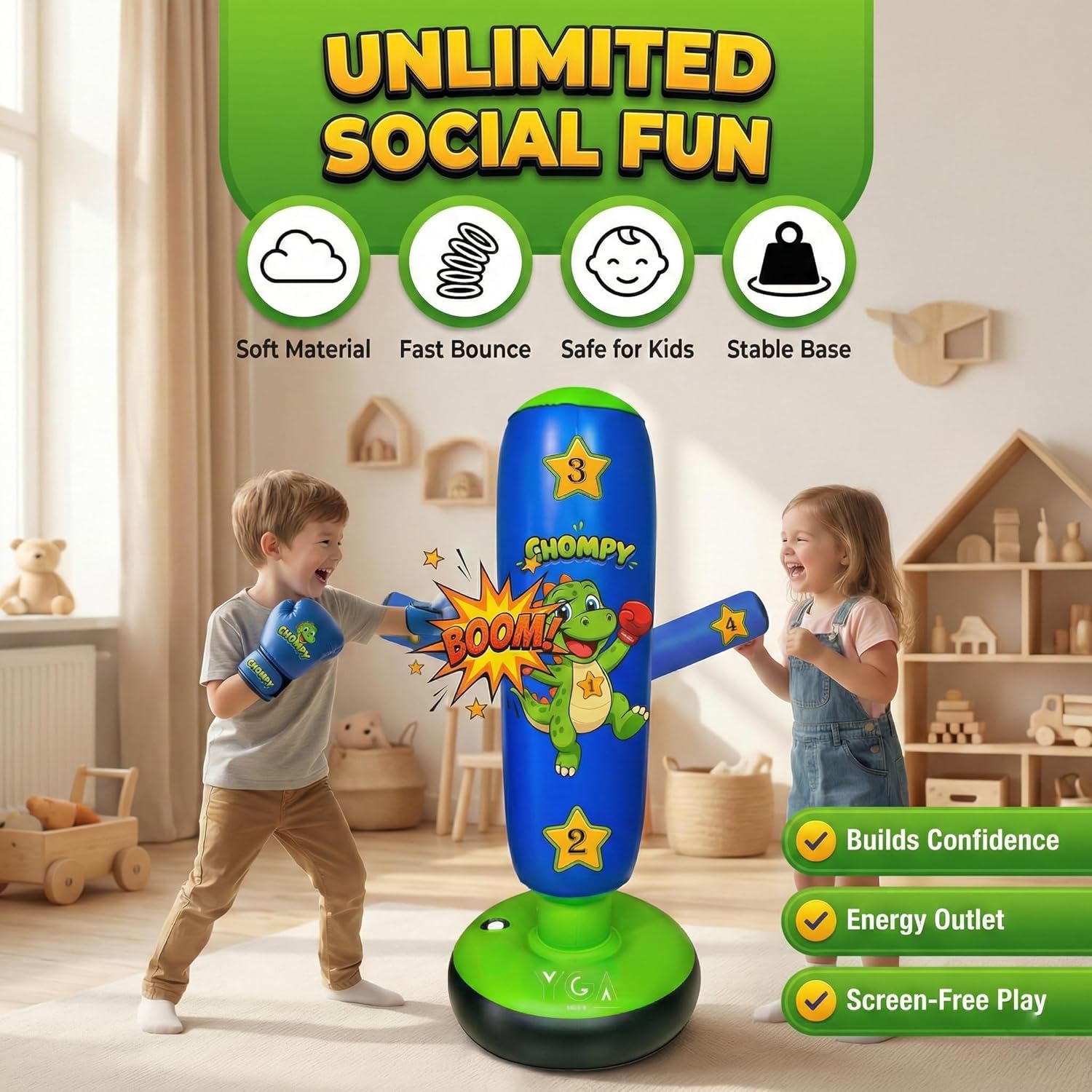 CHOMPY Inflatable Punching Bag for Kids 3-8: Dinosaur 48" Kids Punching Bag with Gloves - Kid Boxing Toy Set - Dino Hands with 5 Star Targets for Karate, Taekwondo - Gifts for Boys and Girls