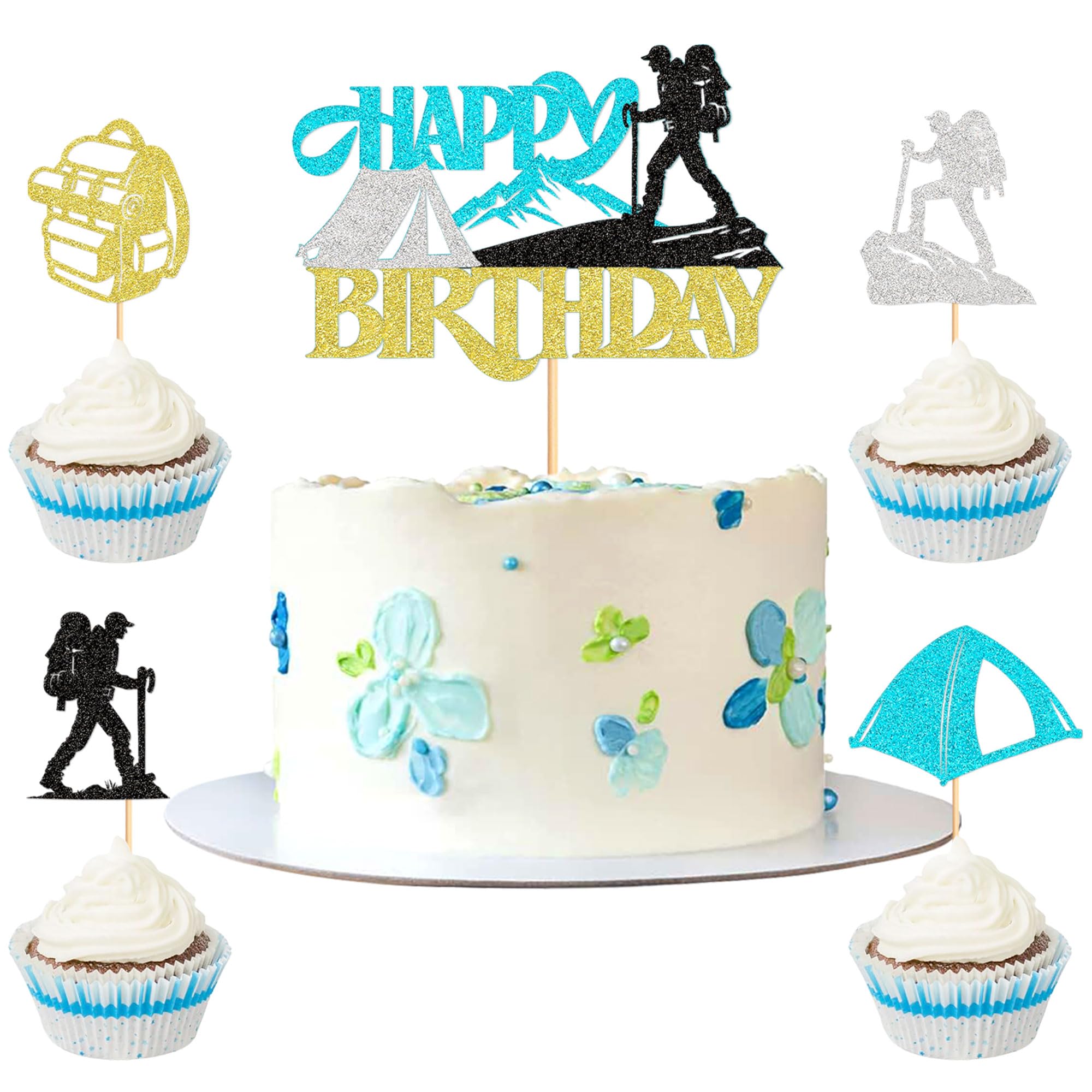 Pack of 25 Hiking Happy Birthday Cake Toppers, Colourful Glitter Hiking Silhouette Muffin Picks for Mountain Hikers Birthday Cake Decorations, Backpacking Party Cake Decorations — image 1
