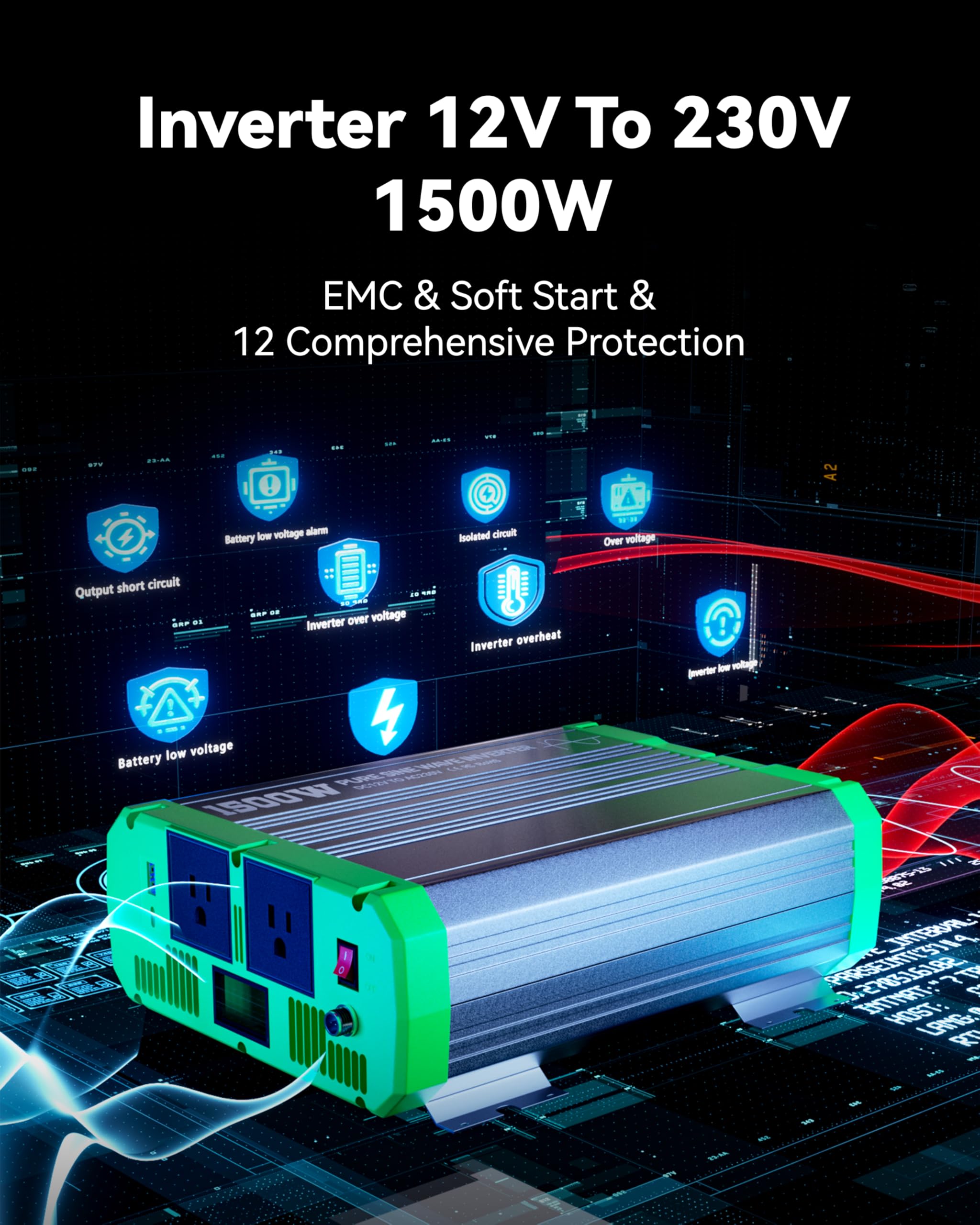 ERAYAK Convertisseur Pur Sinus 1500W/3000W Onduleur Convertisseur 12V 220V 230V avec télécommande et Dual AC Prises et écran LCD,pour Voiture, Caravane, Bateau, Camping, Voyage
