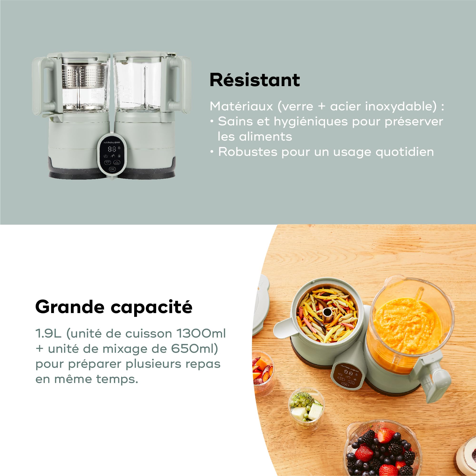 Babymoov Robot Cuiseur Bébé Nutribaby Glass - Bols en Verre - 4 en 1 Mixeur Cuiseur Vapeur, Grande Contenance 1,9L, Cuisson Saine des Aliments, Vert Celadon