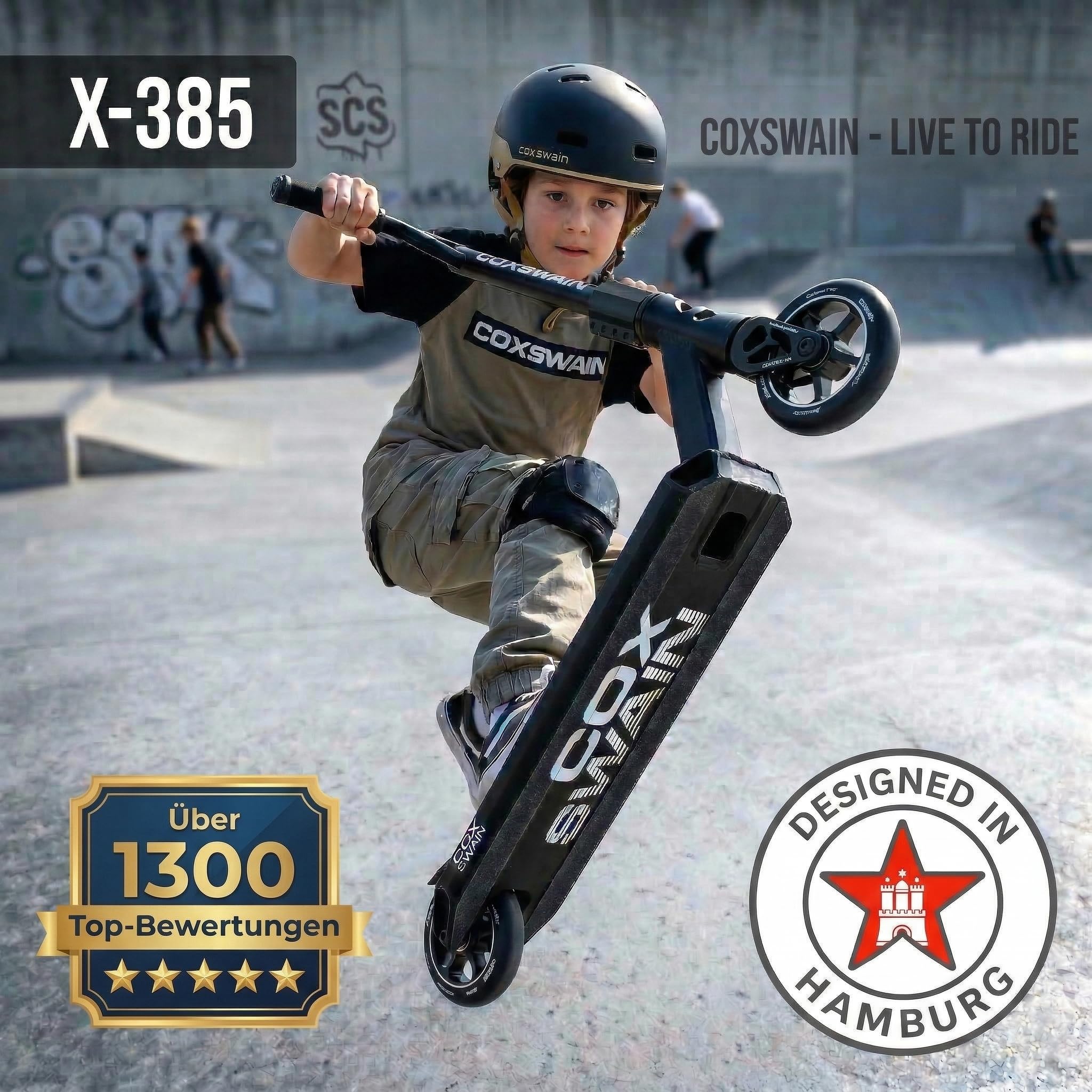 Cox Swain X-385 Stunt Scooter Kinder ab 10 Jahre – Stunt Roller mit SCS Compression, CNC-gefräster Alu Gabel aus einem Stück, ABEC 9 Alu Core Rollen & 360° Y-Lenker für Skatepark & Pipe