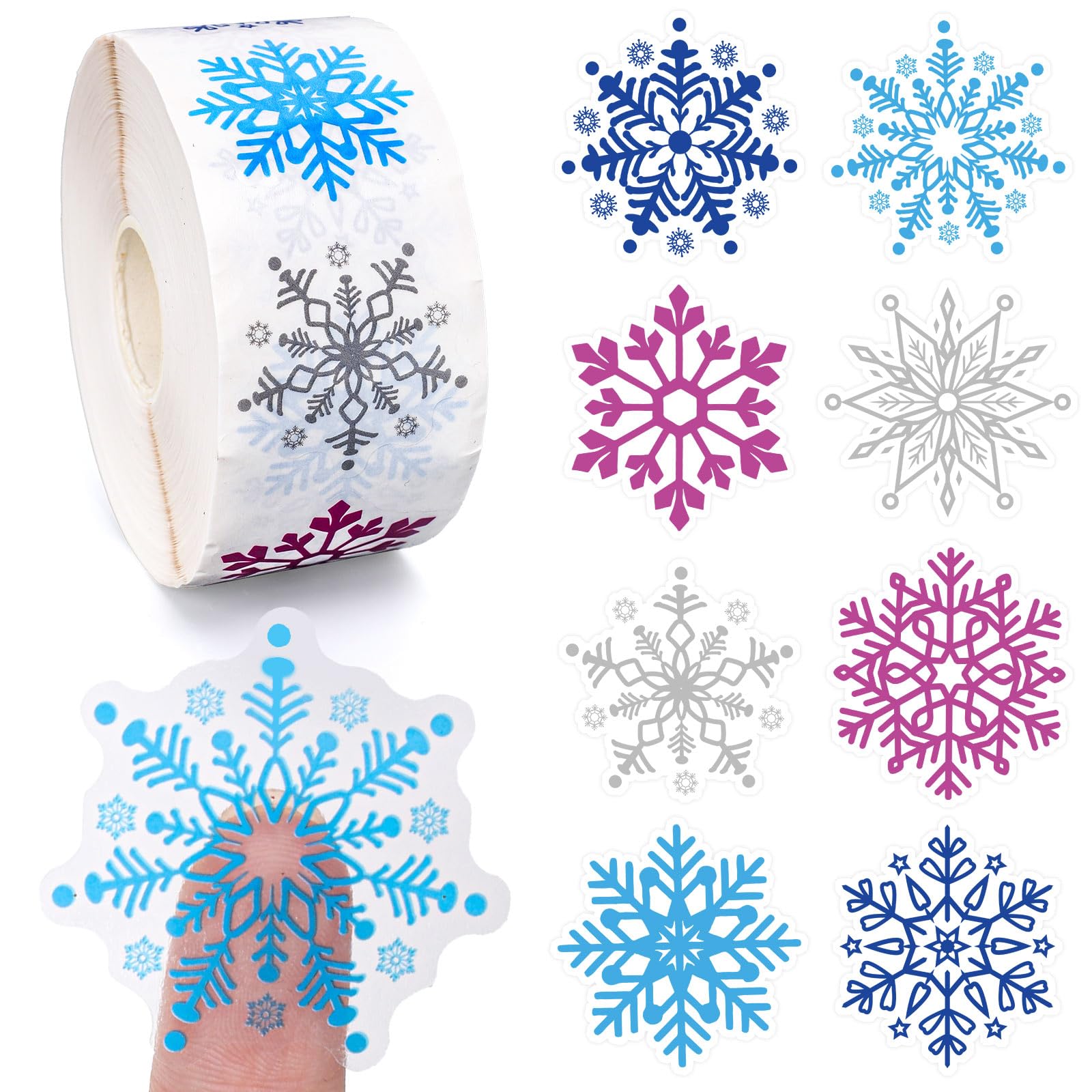 JarThenaAMCS 1000Pcs 8 Designs Snowflake Transparent PVC Stickers Winter Christmas Blue Purple Silver Self-Adhesive Label Decal for Xmas Holiday