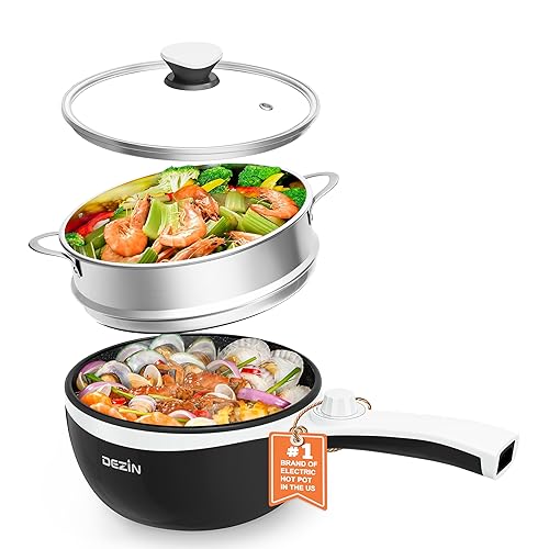 Dezin Hot Pot Electric with Steamer Upgraded, Non-Stick Sauté Pan, Rapid Noodles Electric Pot, 1.5L Mini Pot for Steak, Egg, Fried Rice, Ramen, Oatmeal, Soup with Power Adjustment