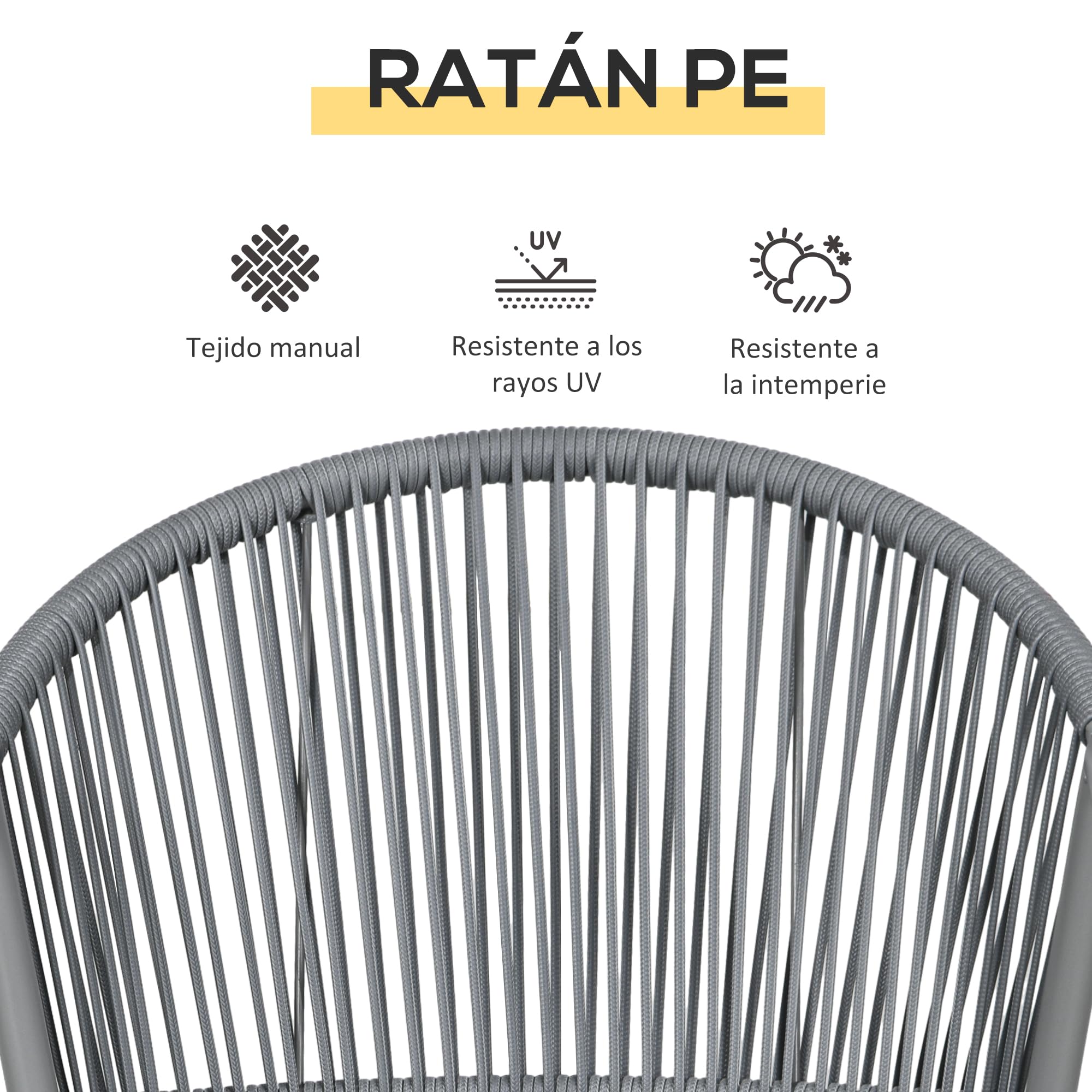 Outsunny Conjunto de Jardín Exterior de 3 Piezas Ratán para Balcón Gris | Juego de 2 Sillas y Mesa, Cojines Acolchados, Encimera de Vidrio, Terraza