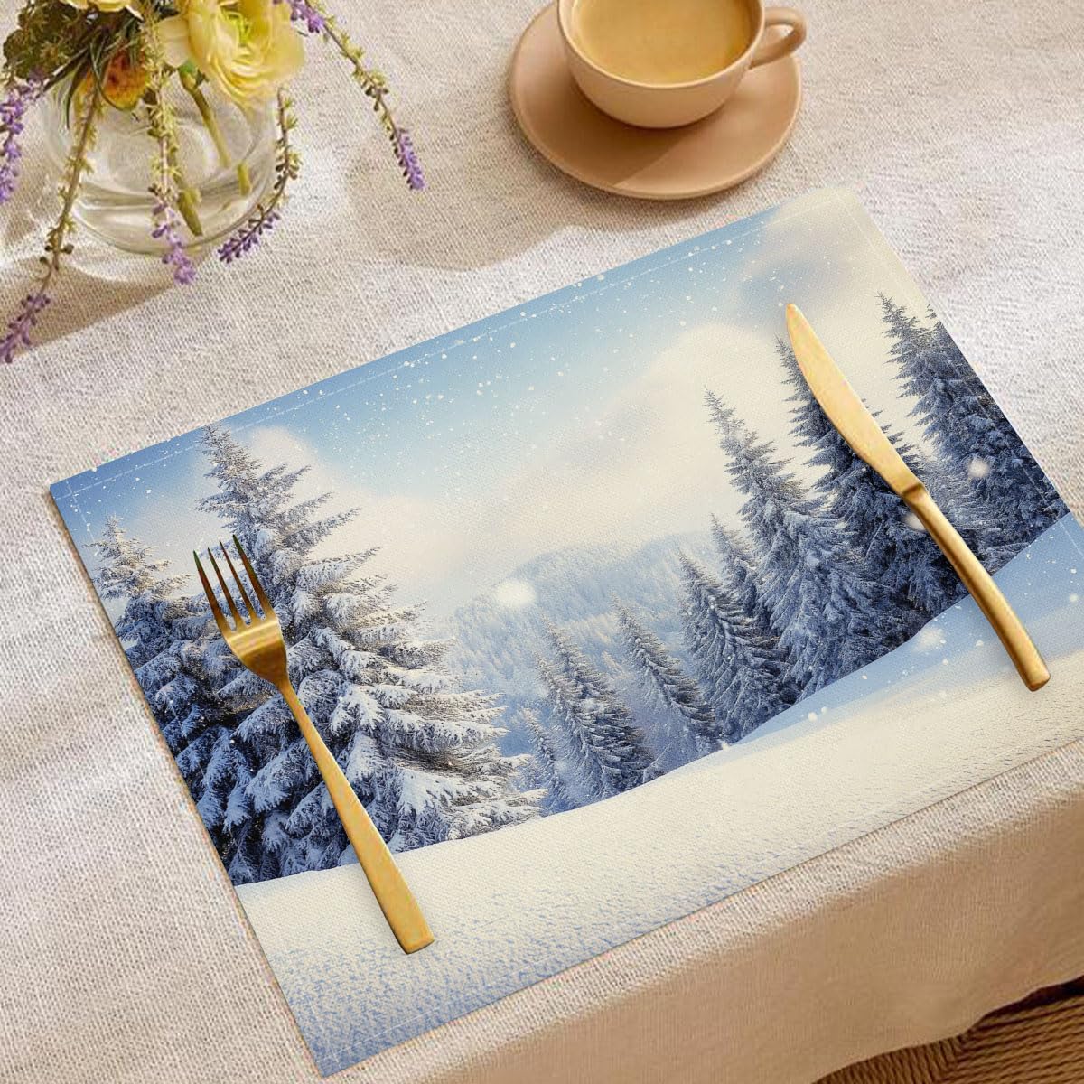 8 Tovagliette Colazione Stoffa 45 x 30 cm,Neve Montagne Tovagliette Americane Lavabili, Placemats Naturalmente La Pineta per Primavera Vacanze Cucina Feste, Pasqua