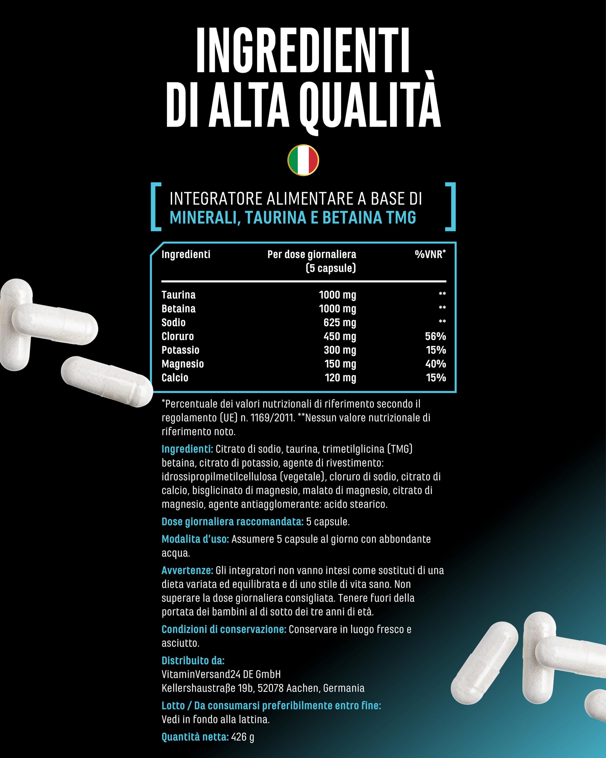 Electrolyte Complex - 300 Capsule Vegane - Complesso di Elettroliti Alto Dosaggio con Taurina e Betaina (TMG) - Sodio, Potassio, Magnesio e Calcio - 60 Porzioni - Alternativa alla Polvere