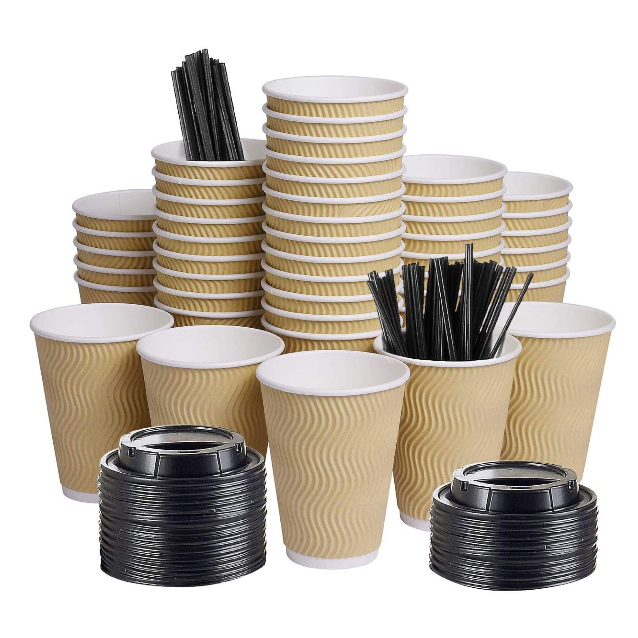 SRIVASTAVA Disposable Ripple Paper Cups 250 ml with Lids & Straws | Eco-Friendly & Biodegradable Hot Cups | Use & Throw Party Glasses | Ideal for Tea & Coffee | 500 GSM (25)