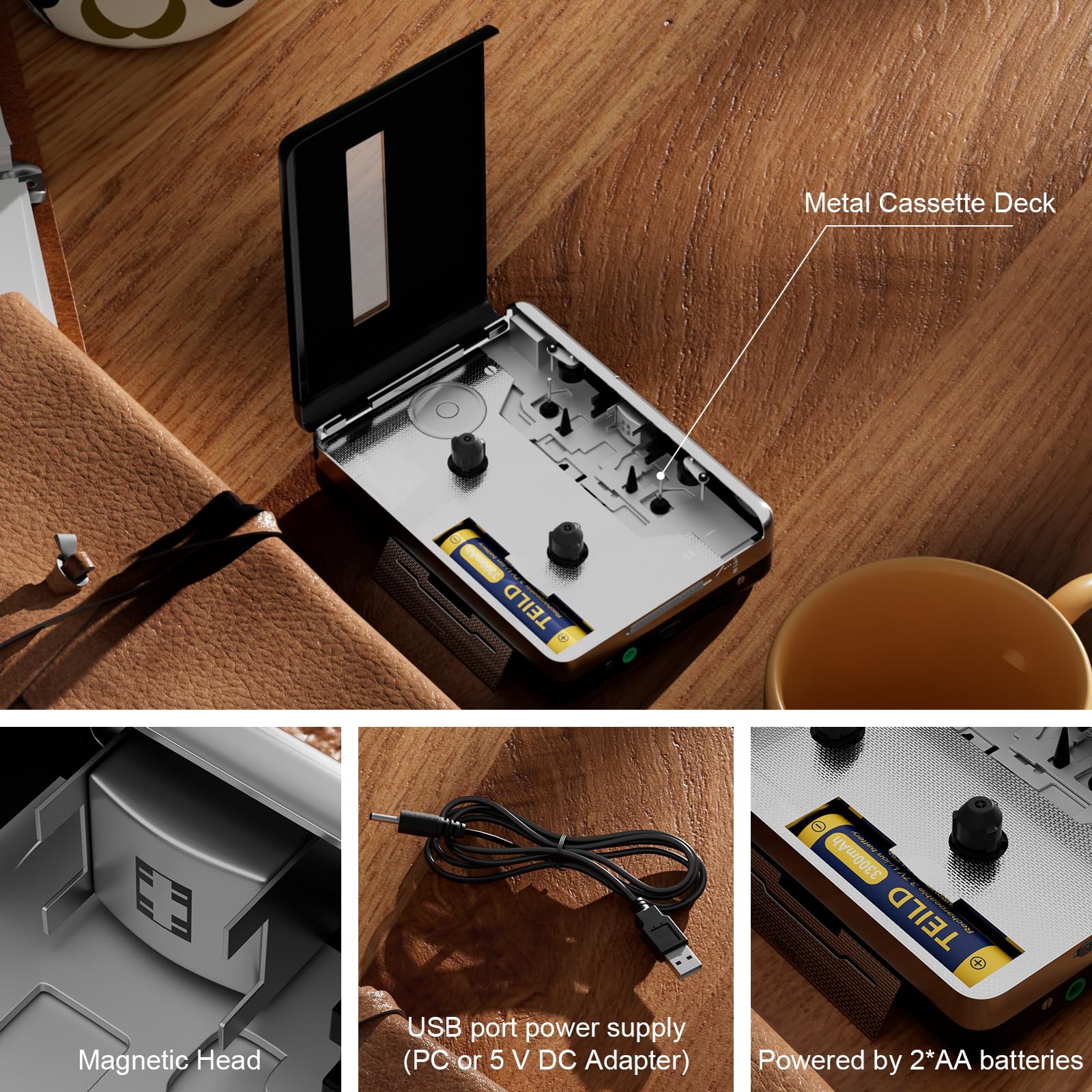 Reshow Lecteur de cassettes - Lecteur de cassettes portable - Convertisseur de cassettes audio analogiques vers numériques, compatible avec ordinateurs portables et ordinateurs personnels - Convertit