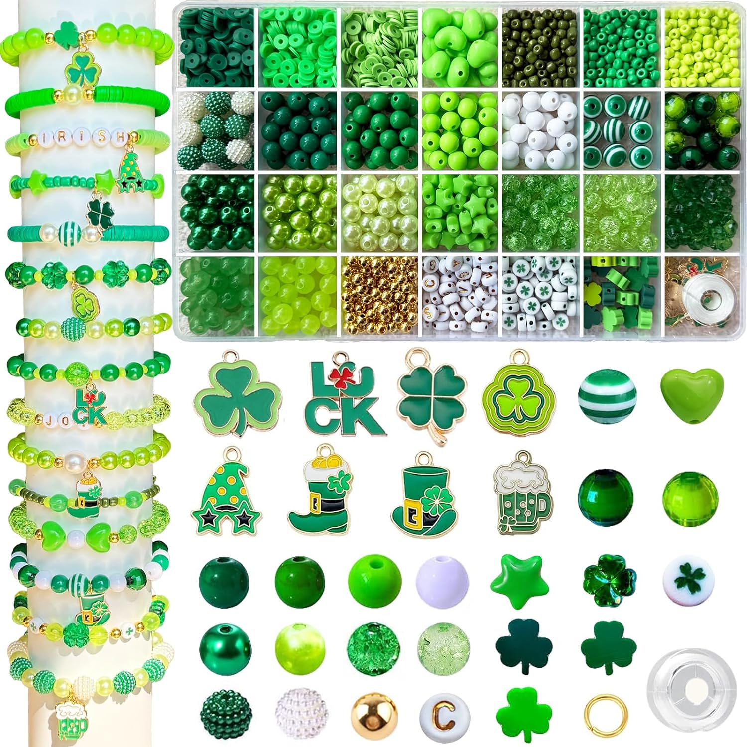 2336Pcs St. Patrick's Day Bracelet Making Kit, 28 Style Green Clay Beads Acrylic Round Bead Charms Bracelet Kit for Jewelry Making Pearl Plastic Heishi Bead for Crafts