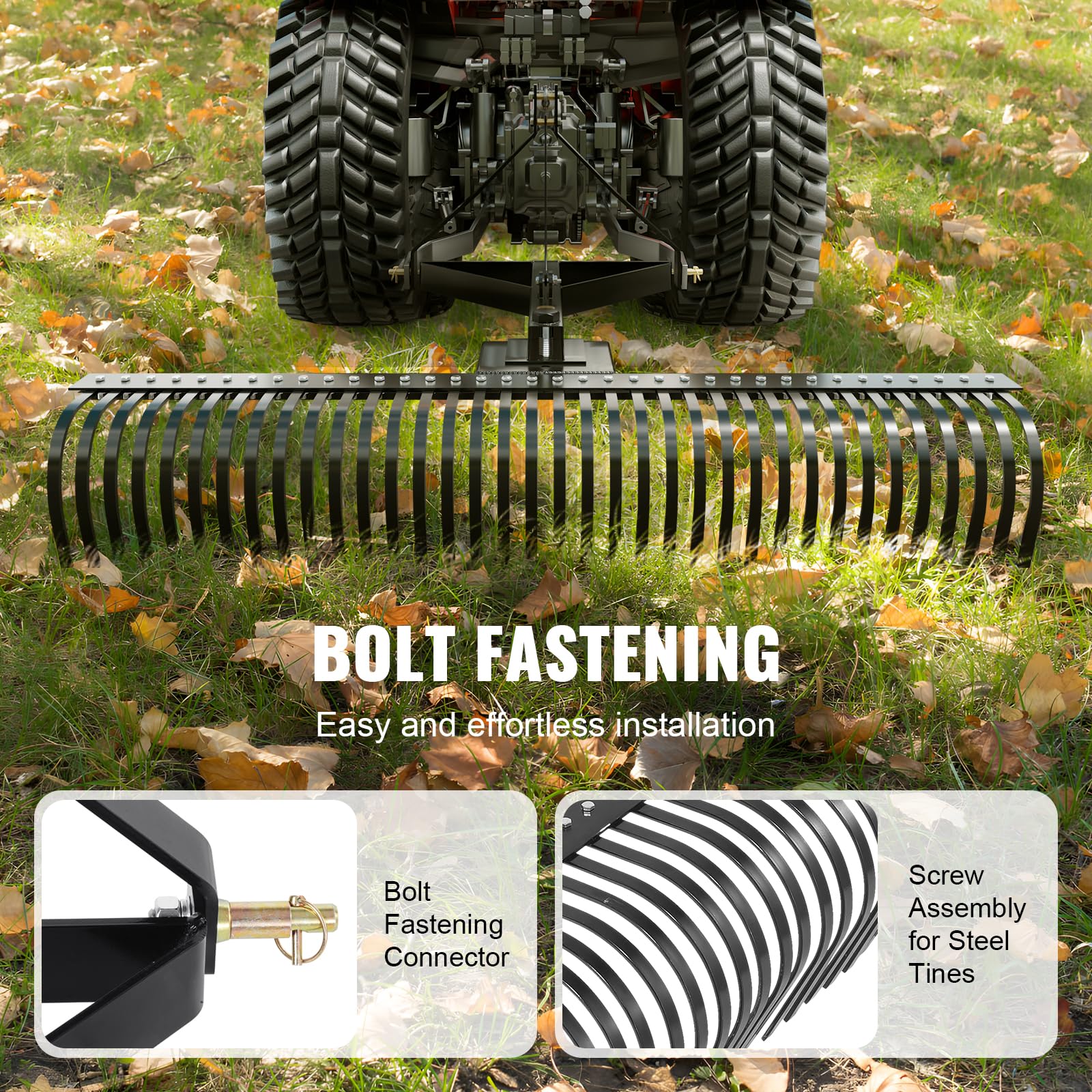 VEVOR Remolque detrás de la Escarificadora, 759,5 x 678,2 x 482,1 mm con 36 Púas de Acero, Rastrillo de Césped de 3 Puntos con Accesorios para Tractor, Rastrillo de Paisaje para Jardín, Granja, Césped